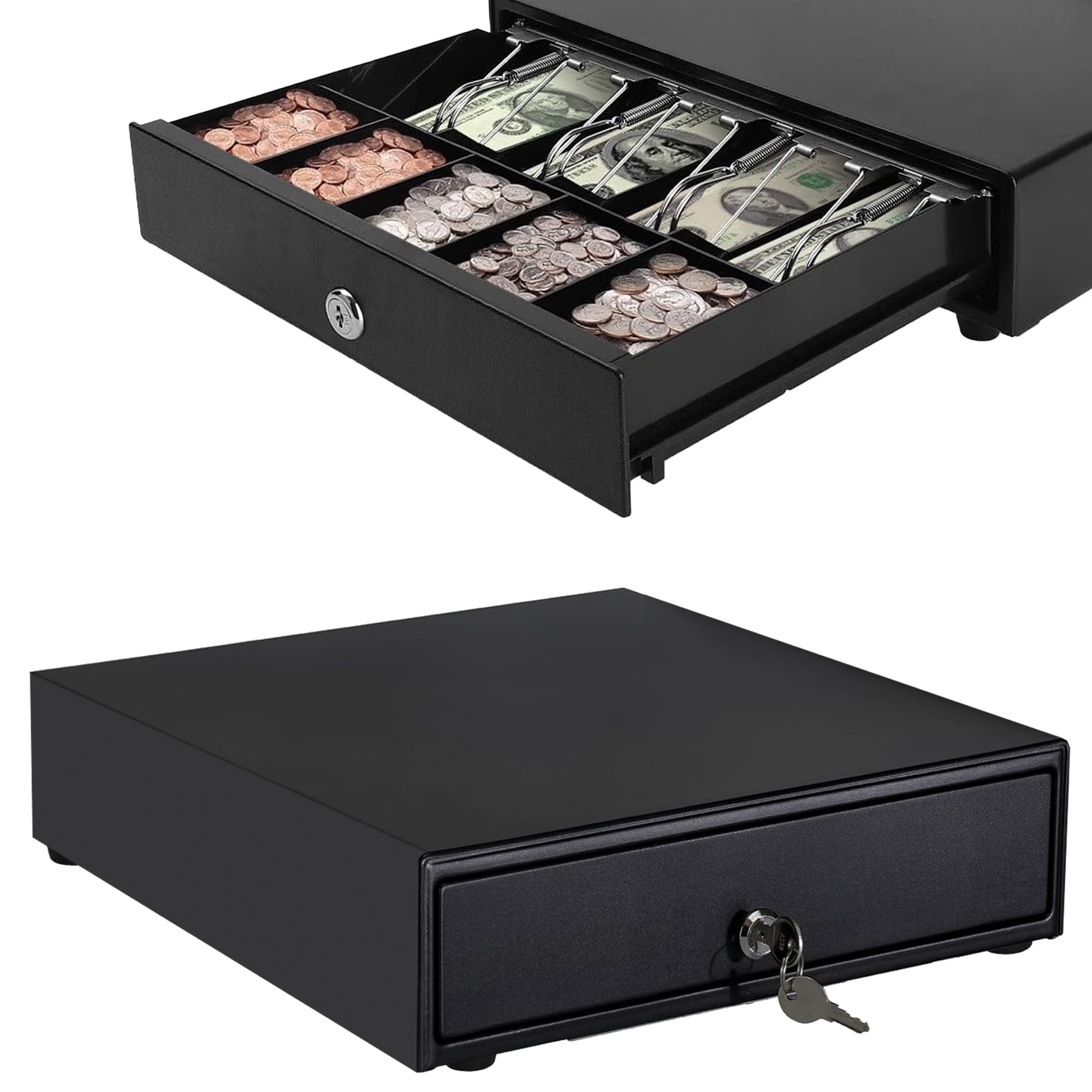 Open Cash Drawer Heavy Duty Electronic Cash Register Till Drawer Box, 4 Cash Bills Notes Cheques Compartment, 5 Coin Trays Key Lock System for Point Sale Retail Shops Businesses 33.5x38x8cm