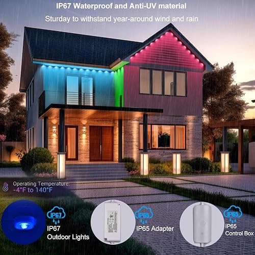 Miniatura 5 de Luces de Navidad permanentes para exteriores para techo de casa, 100 pies RGB+IC para exteriores con 63 escenas, IP67 72 luces LED aleros para