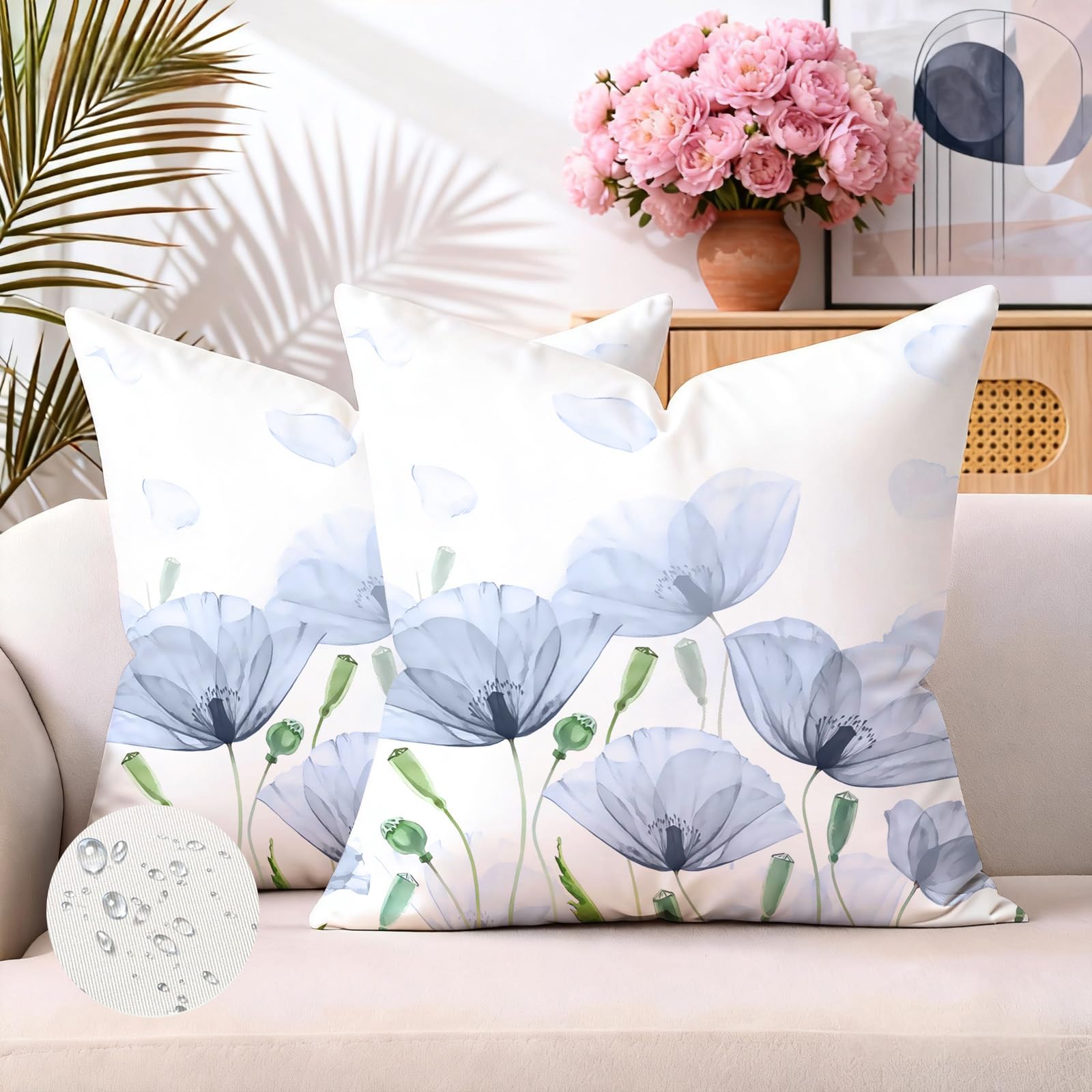 Brylleii Outdoor Cushion Cover, Waterproof Decorative Cushion, 40 x 40 cm, Set of 2 Cushion Covers, Purple Blue Flowers Cushion Covers, Spring Sofa Cushion, Waterproof Summer Cushion Cover, Polyester