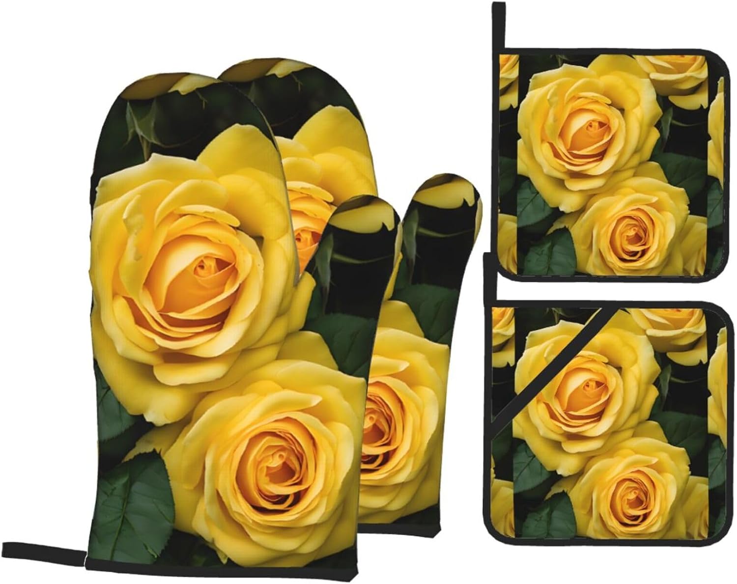 (Yellow Roses) Baking 4-Piece Set: 2 Oven Mitts and 2 Pot Holders Heat Resistant Waterproof Hanging Loop for Kitchen Oven Grill Housewarming Gifts