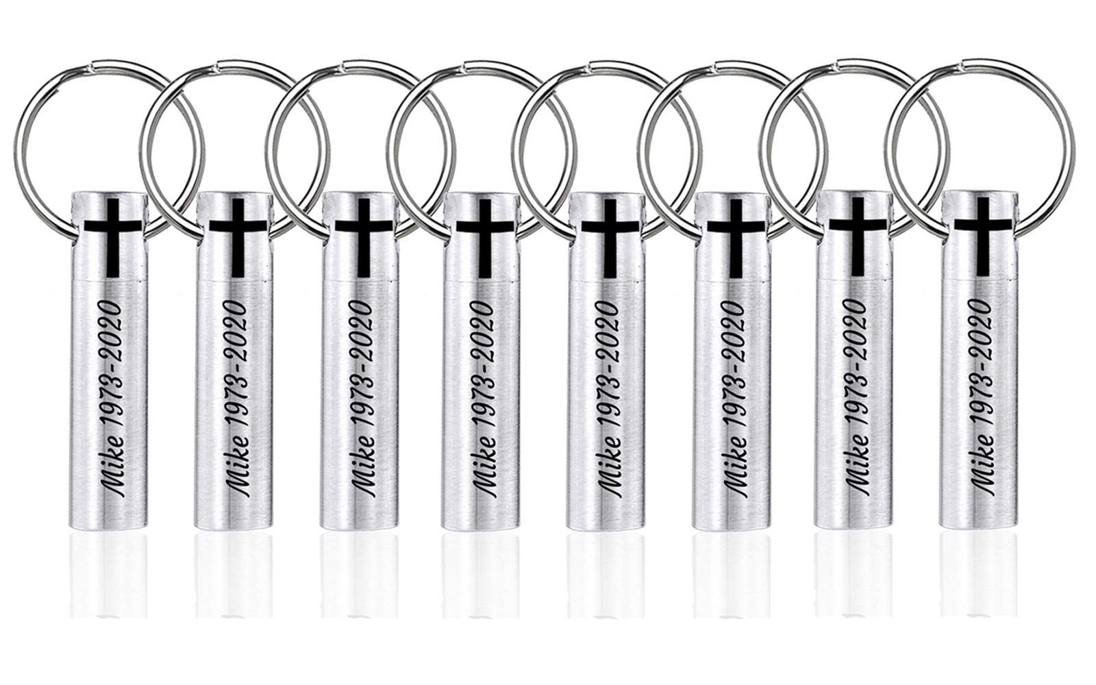 ZDBDH Pack of 8 Customize Religious Christian Cross Memorial Keepsake Urn Keychain Set for Family Members Friend Brushes Stainless Stell Bar Cylinder Cremation Pendant Keychain for Pet Human Ashes