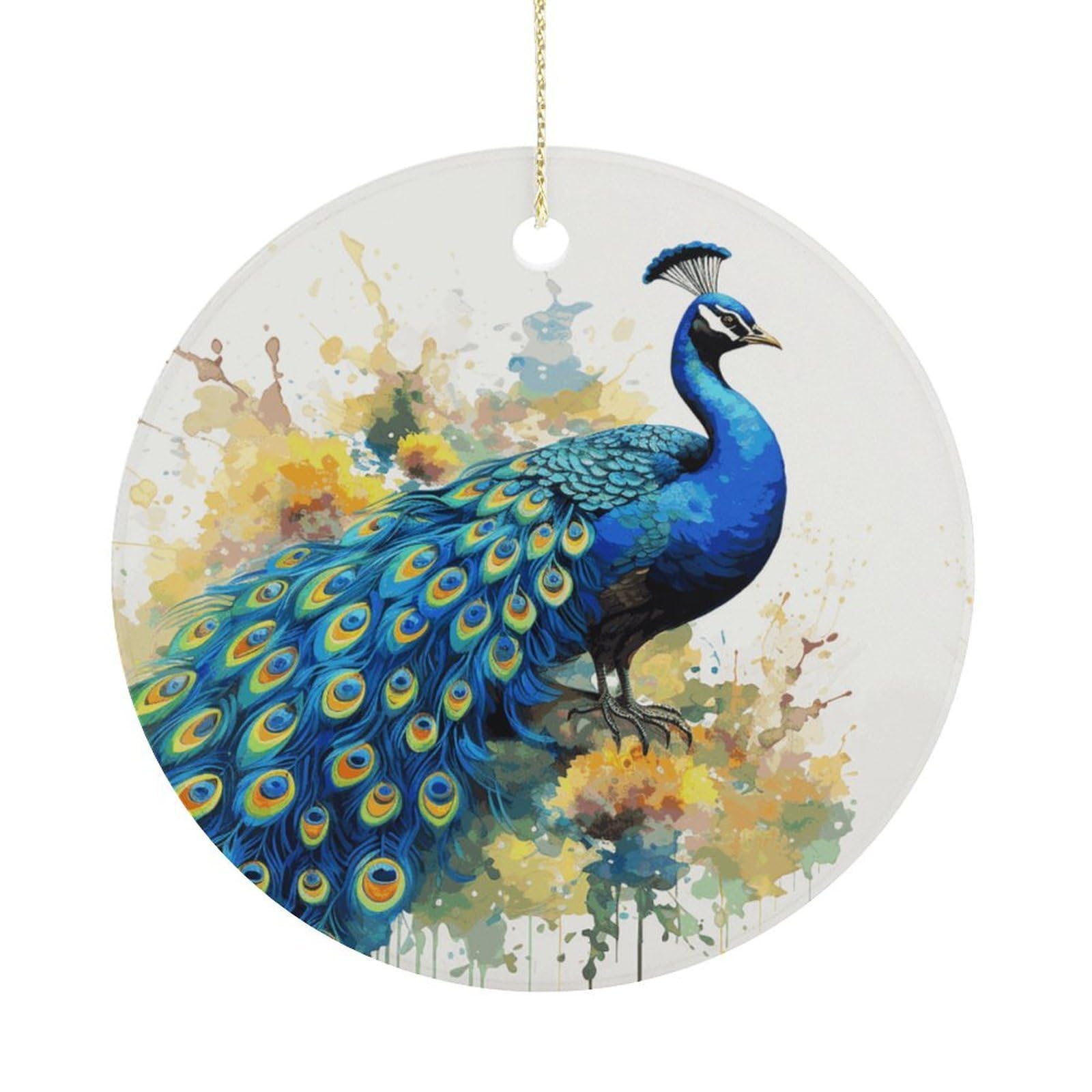 Peacock Watercolor Painting Christmas Ornaments Colorful Round Ceramic Ornament Christmas Hanging Decor Christmas Tree Decorations Xmas Keepsake for Women Men Xmas Holiday Party