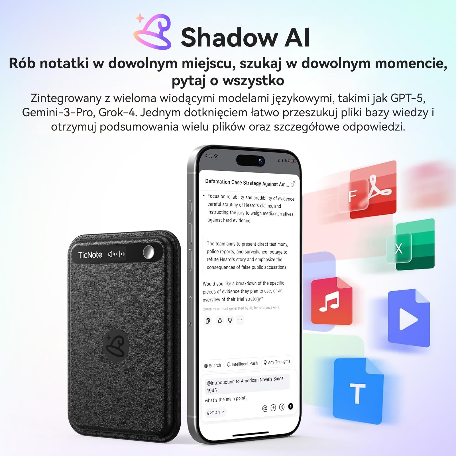 Mobvoi TicNote Lite Inteligentny Dyktafon AI, Notatnik AI z Natychmiastową Transkrypcją i Podsumowaniem, Sterowanie Aplikacją, 120+ Języków, Cień AI do Wykładów, Spotkań i Rozmów