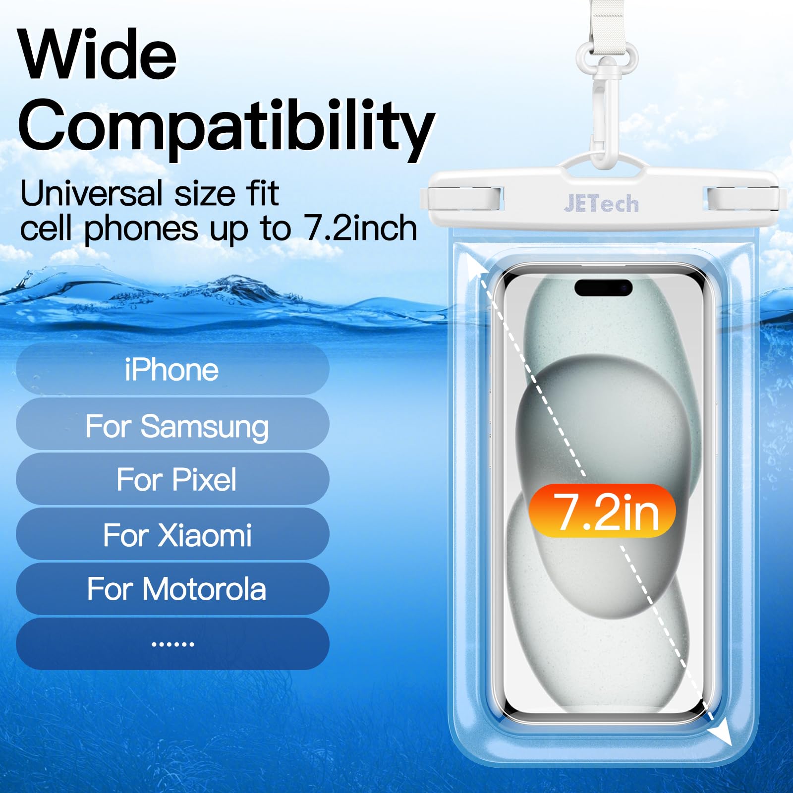 JETech Custodia Impermeabile Smartphone, 2 Pezzi Cover per iPhone 17 16e 16 15 Air Pro Max Plus, Galaxy S25 S24 Ultra, Pixel 10 Serie e Altri Fino a 7,2", IPX8 Borsa Asciutta (Nero+Trasparente)