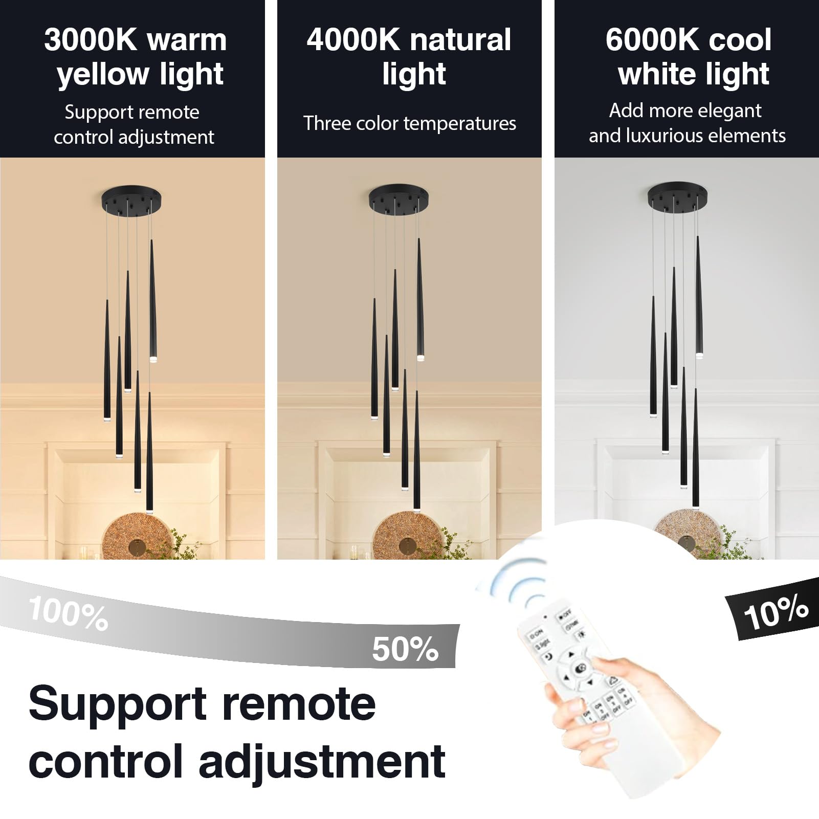Lámpara de araña de tubo ajustable de 79 pulgadas, 6 luces, color negro, moderna, con forma de cono agrupado, lámpara colgante en espiral, regulable, accesorios de iluminación LED para villa,