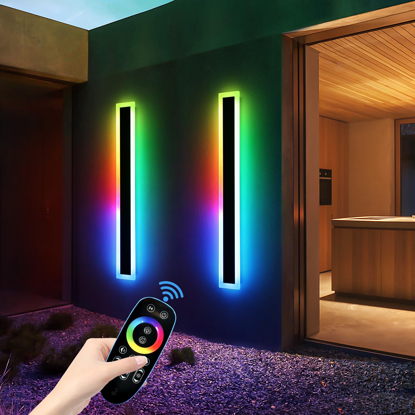 Mikeru Upgraded Widened RGB Long LED Wall Lights, 2Pack 57inch Outdoor Sconces RGB/Warm/White Dimmable Outdoor Wall Lights Exterior Front Porch Light Ip65 Waterproof Wall Sconce with Remote Control