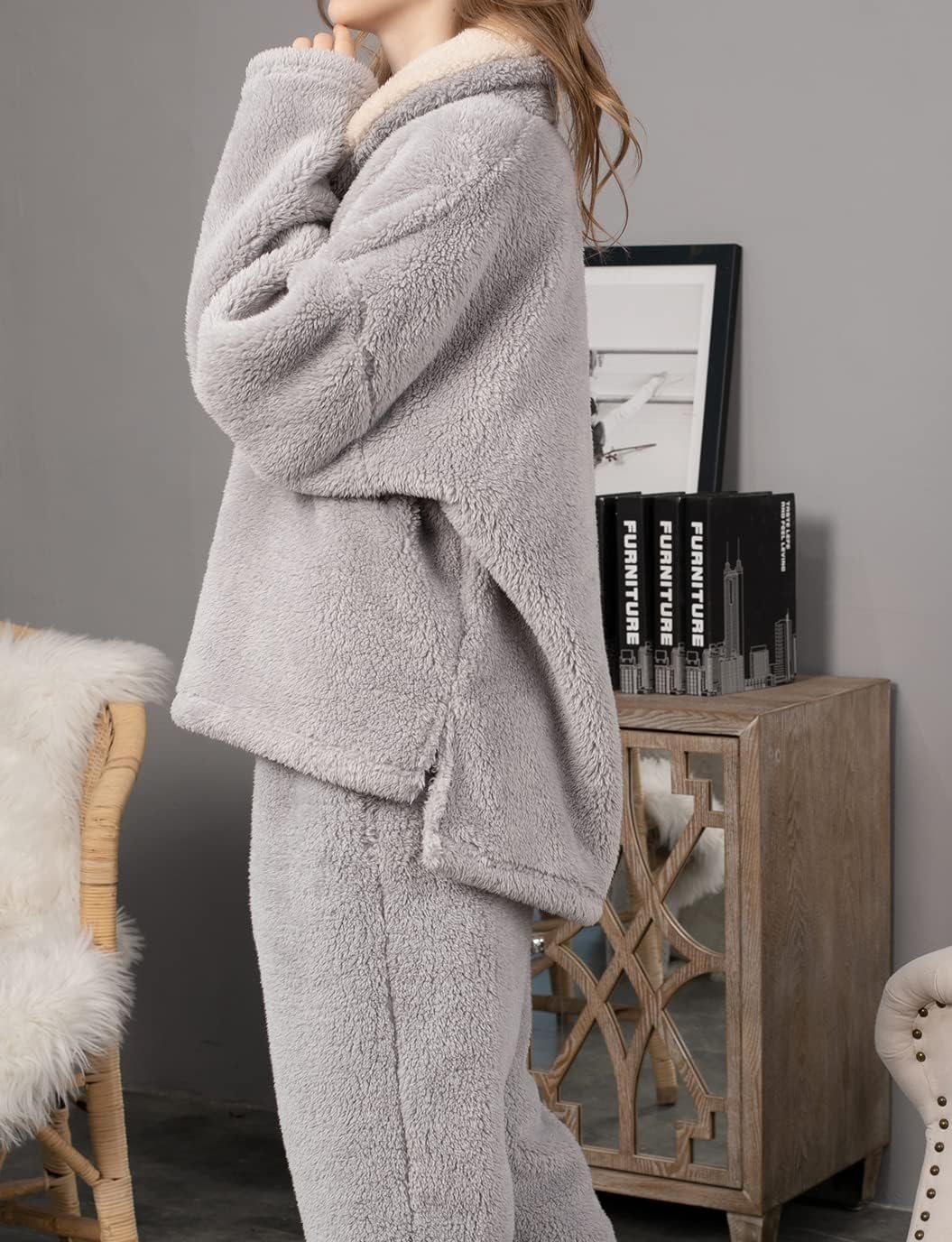 Women's Fluffy Loungewear Sleepwear Lounge Casual Pajamas Sets Loose Long Sleeve Fleece Pullover and Pants Set - Image 2
