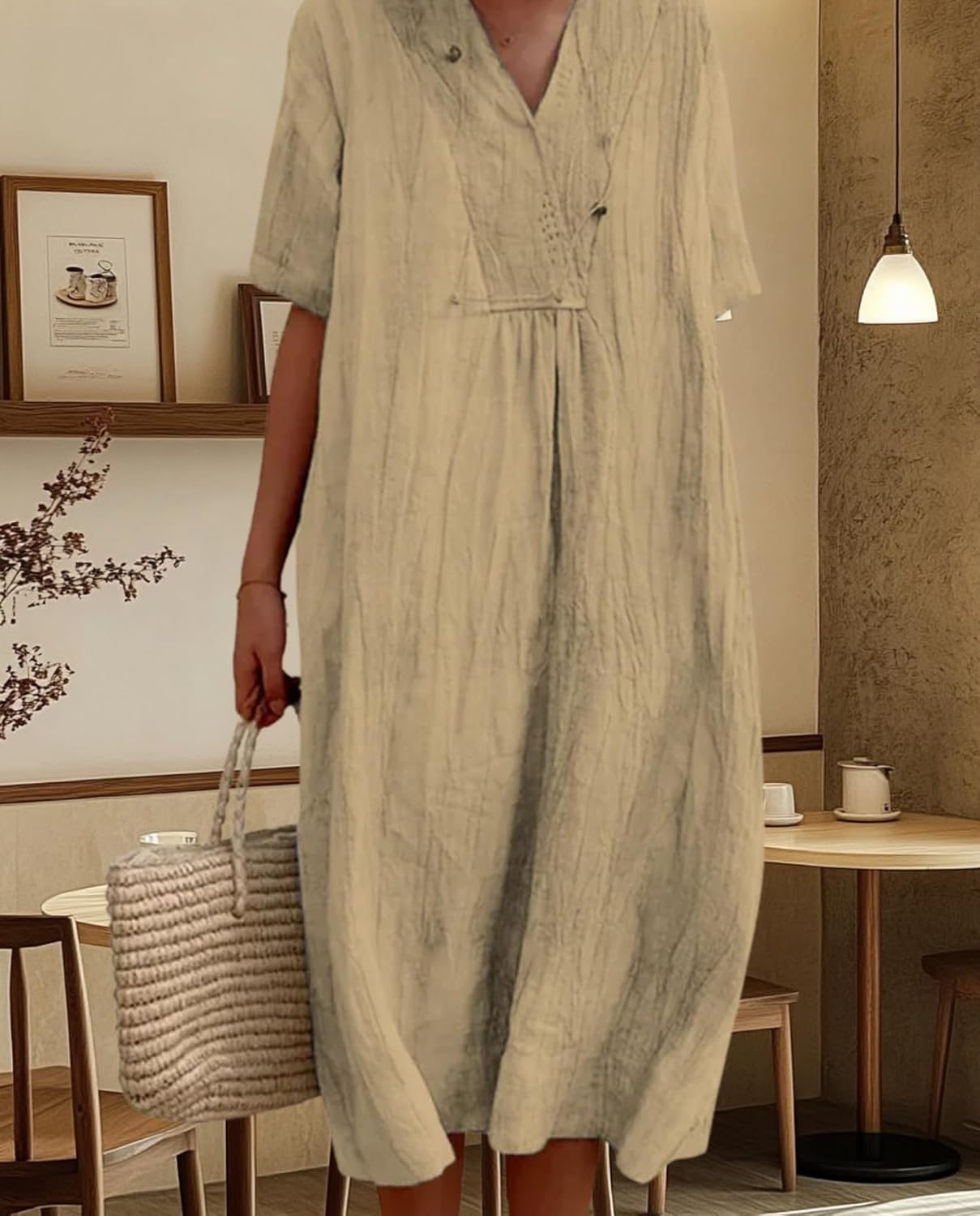 Women's Cotton Linen Midi Dress Soft V-Neck 3/4 Sleeve Casual Dresses for Summer Be... - Image 5