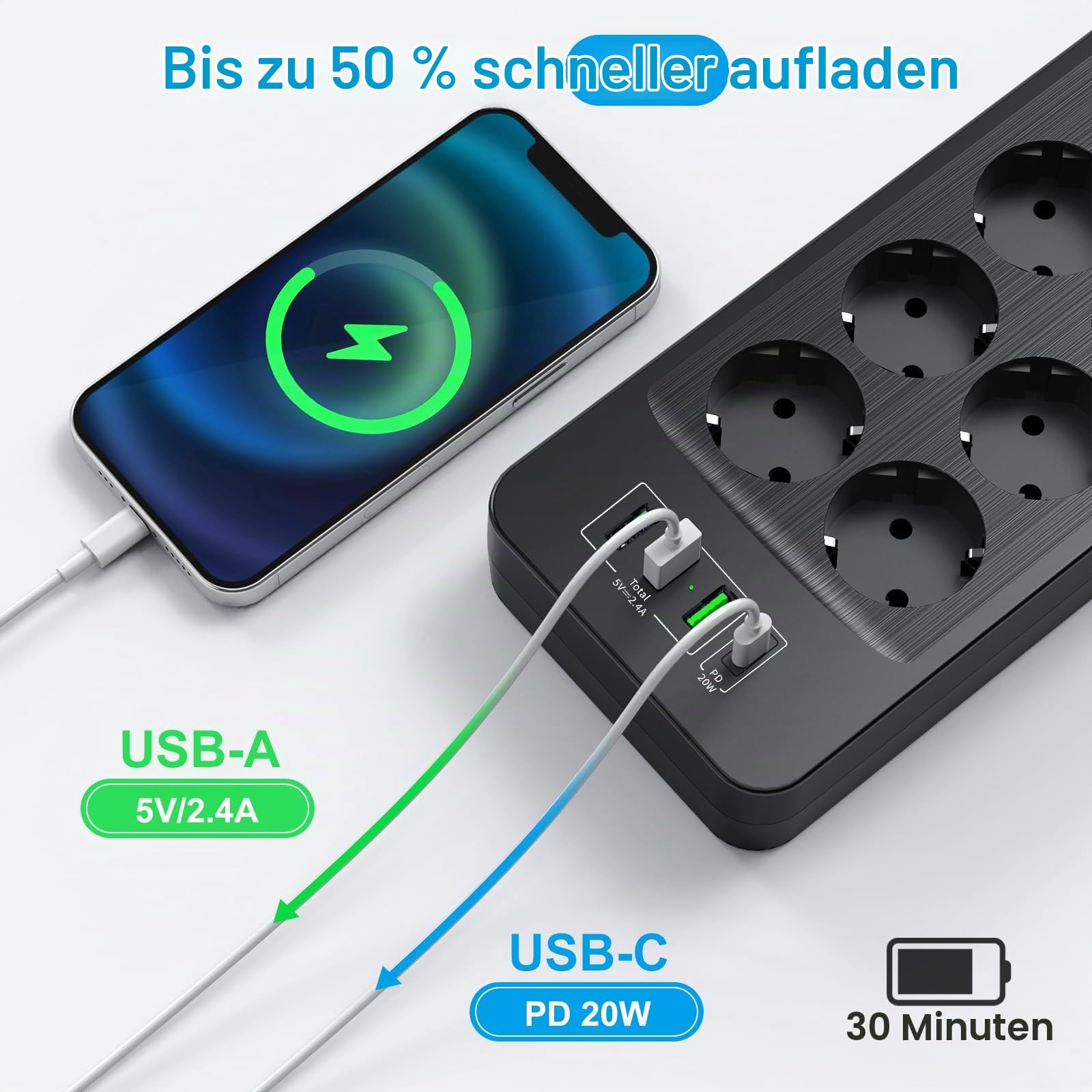 NVEESHOX 10 Fach Steckdosenleiste mit USB C 20W,5M Kabel Verteilersteckdose