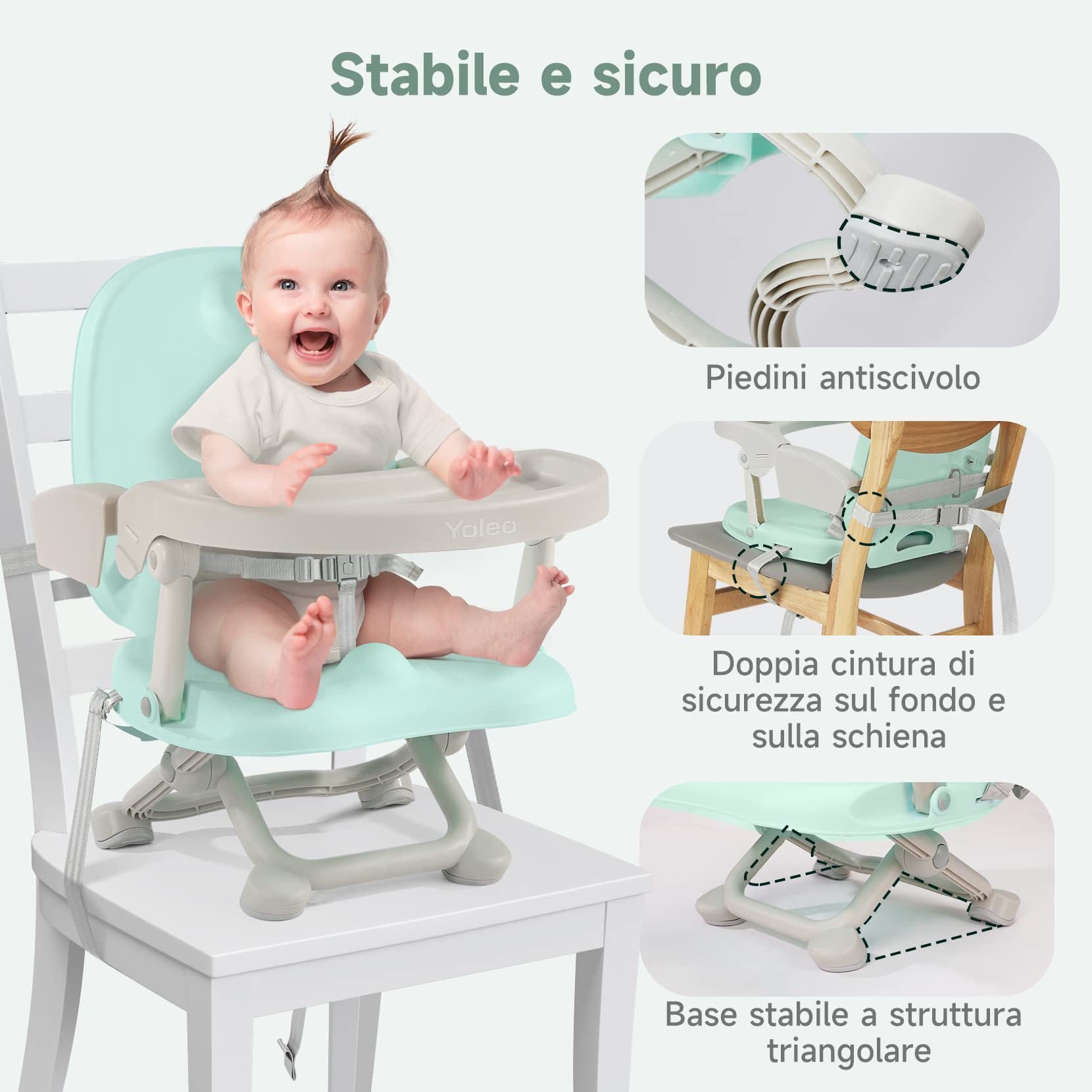 YOLEO Seggiolone Pappa, Portatile Rialzo Sedia Bambini per 6-36 mesi, Seggiolino per Bambini Regolabile con Chiusura Compatta e Vassoio Rimovibile, per uso Interno/Esterno (Verde senza Cuscino)