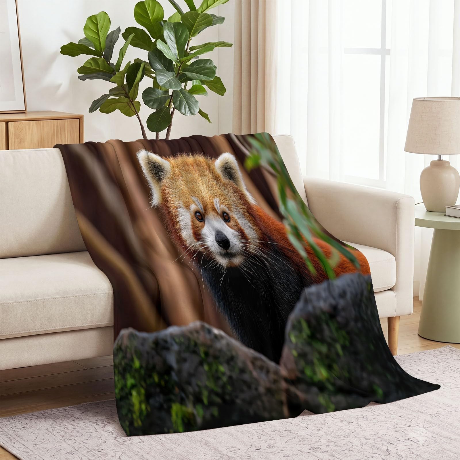 Koc polarowy, brązowy, zwierzę, na wszystkie pory roku, miękki, przytulny, pluszowy, flanelowy, czerwona panda, skały, fotografia, nie mechaci się, odporny na blaknięcie, dla najemców, mieszkańców