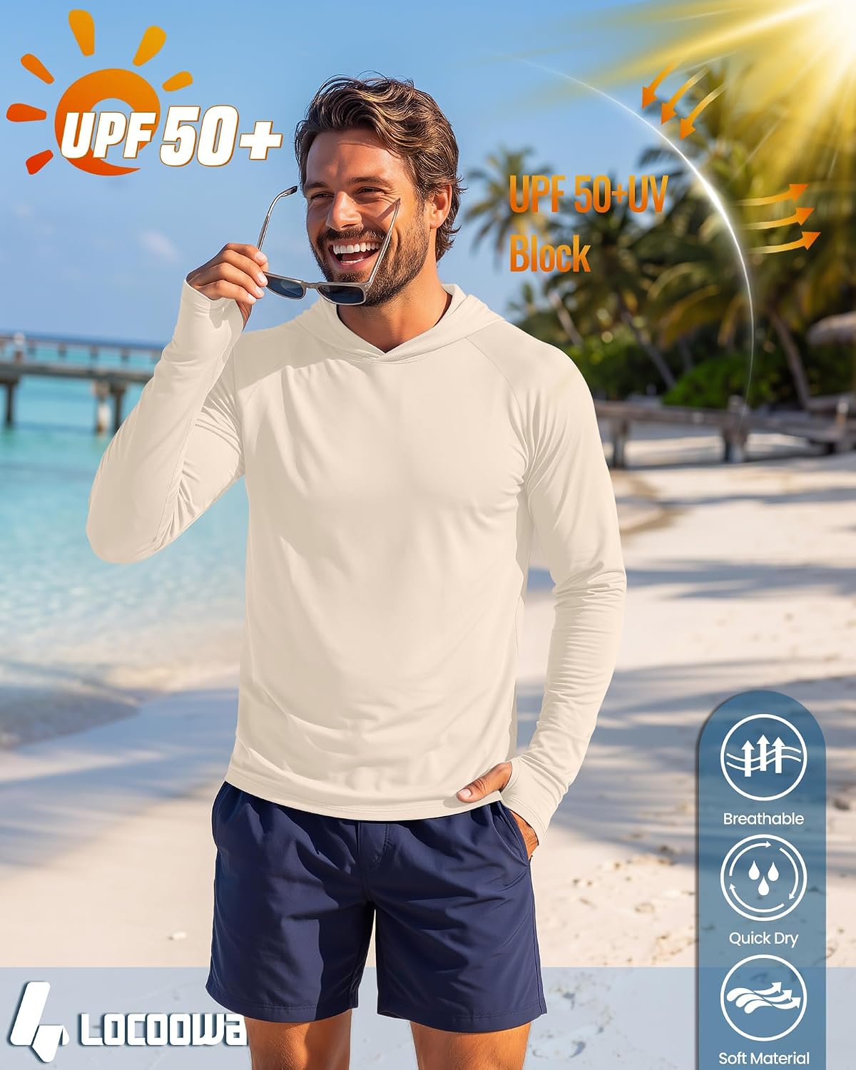Locoowai 3 Pack Men's Sun Protection Hoodies UPF 50+ SPF Fishing Shirts Long Sleeve UV Quick Dry Lightweight Swim Sweatshirts