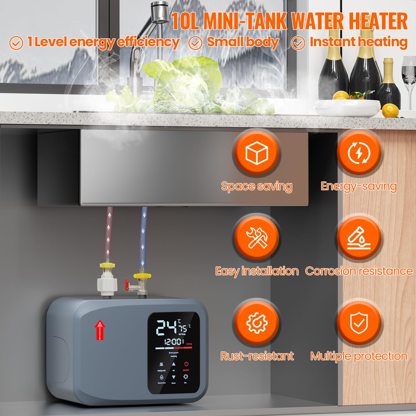 VELPAX Mini chauffe-eau électrique instantané de 10 L, 1500 KW 220 V, chauffe-eau étanche sous évier avec affichage numérique pour camping-car, cuisine, salle de bain