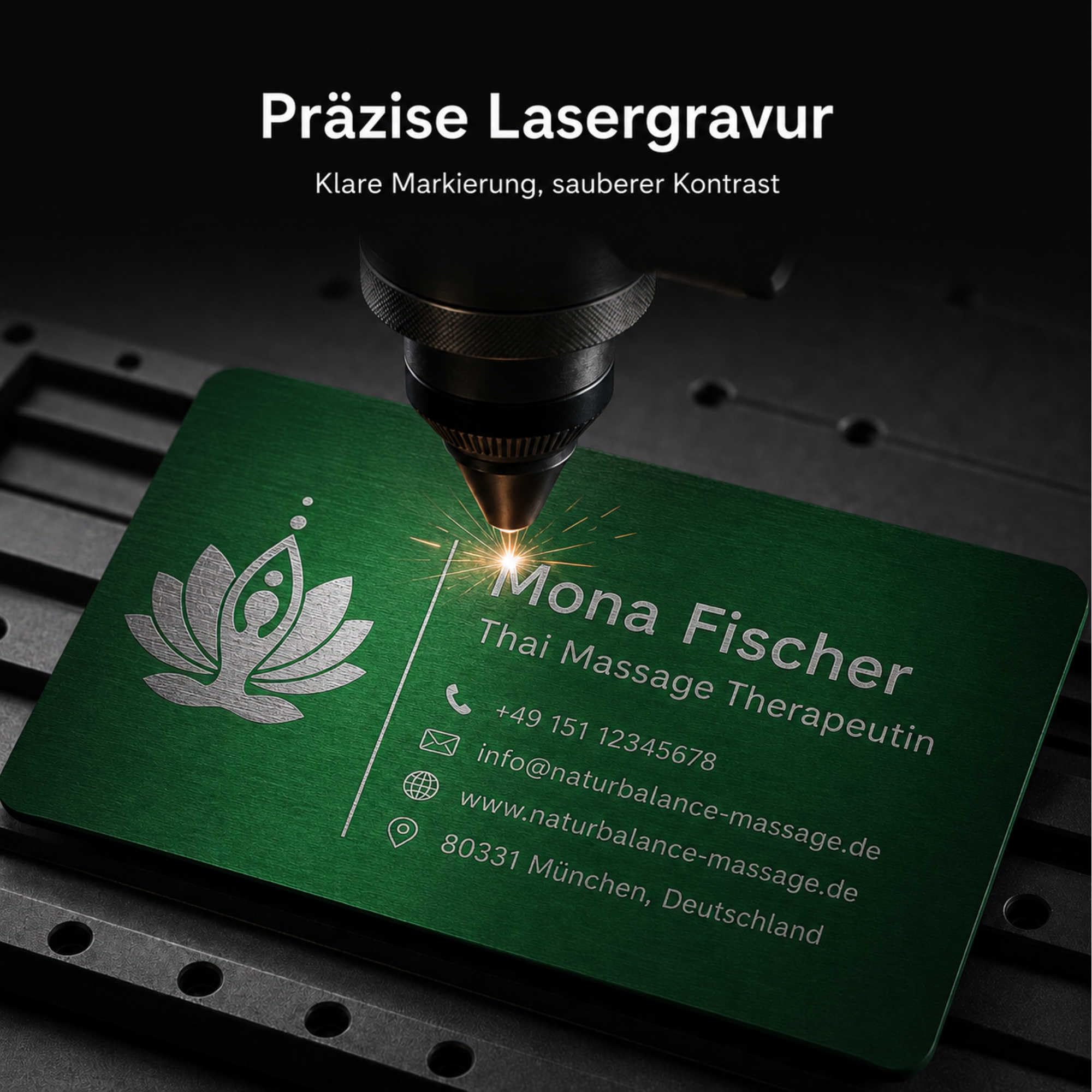 Visitenkarten erstellen - 100 personalisierte Aluminium Metall-Visitenkarten in grün, 85 x 54 mm, mit Logo, Text oder QR Code, beidseitige Lasergravur