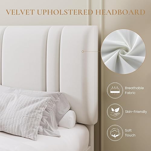 Miniatura 4 de SHA CERLIN Base de cama de plataforma de tamaño matrimonial, cama tapizada de terciopelo con cabecera ajustable, diseño capitoné de canal vertical,
