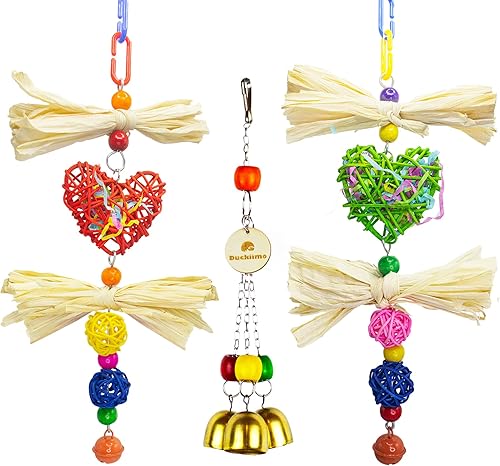 Duckiimo Juguetes para masticar, juguetes de campana de cobre para pájaros, jaula de pájaros hecha a mano, juguete colgante para periquitos de
