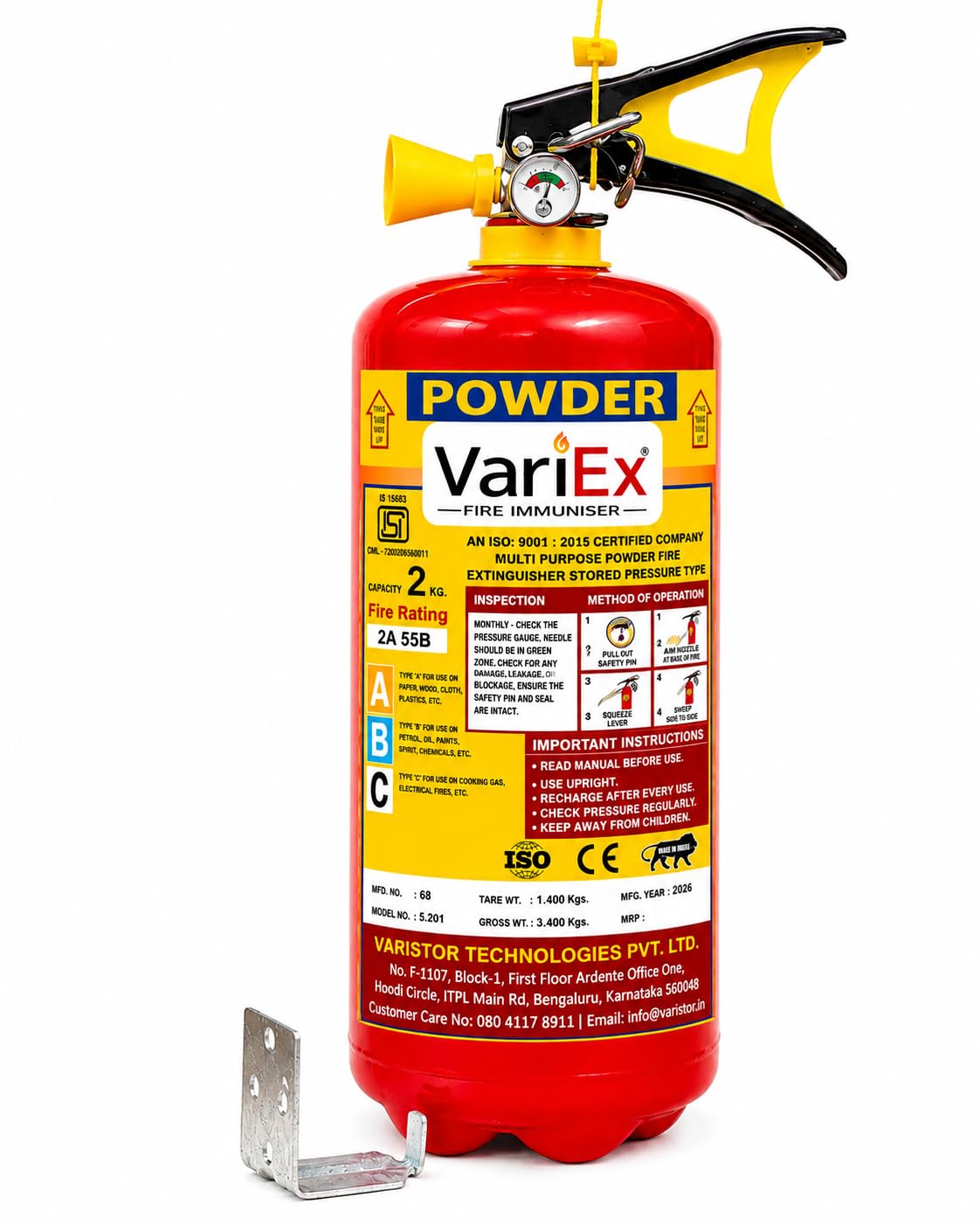 VariEx ABC Dry Powder Fire Extinguisher | Multipurpose Class A, B & C Fire Protection | Portable Fire Safety Extinguisher for Home, Office, Car & Commercial Use (2 KG, Cylinder)-picture-17