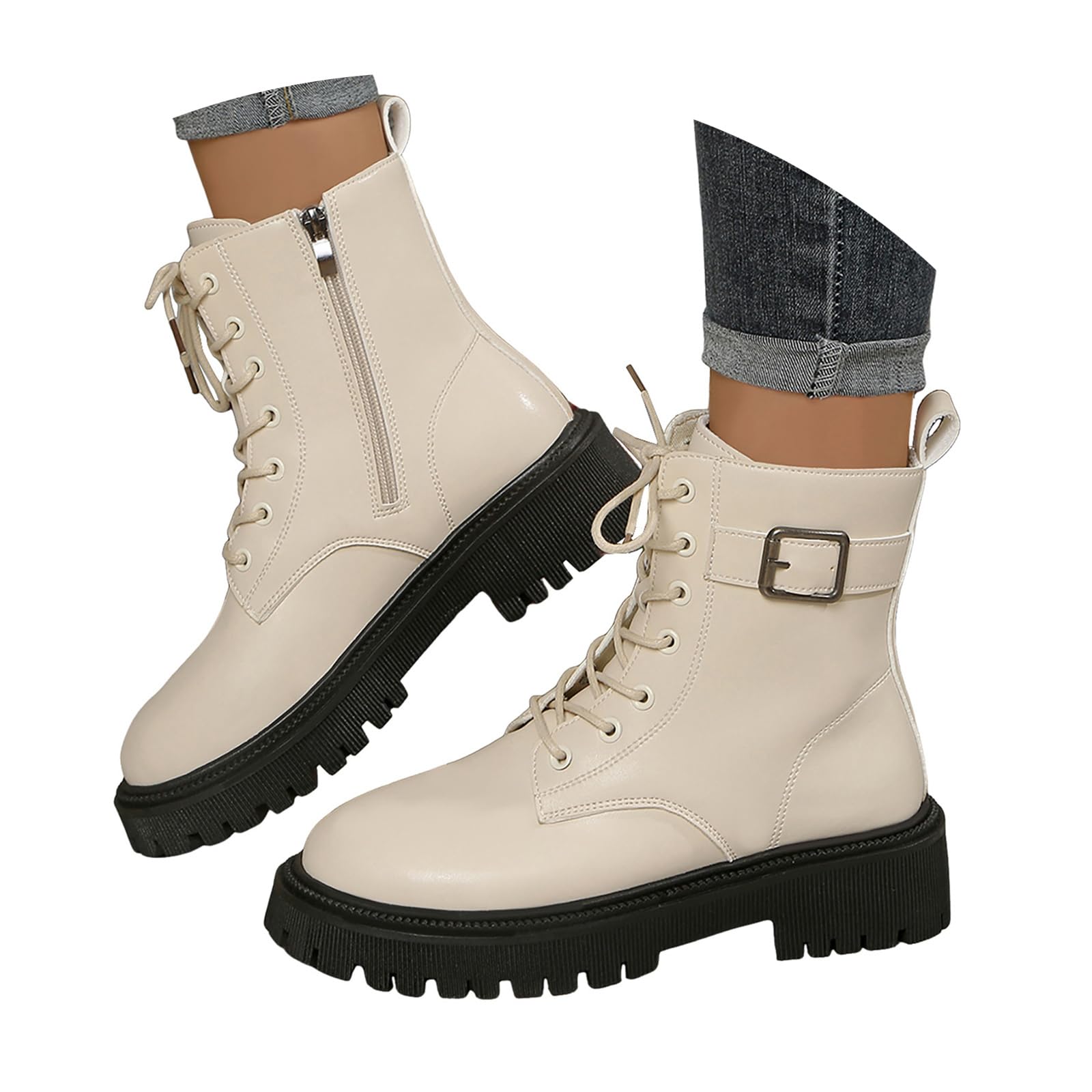 ombat Ankle Boots for Women Platform Chunky Low Heel Fashion Side Zipper Lace Up Motorcycle Riding Short Boots
