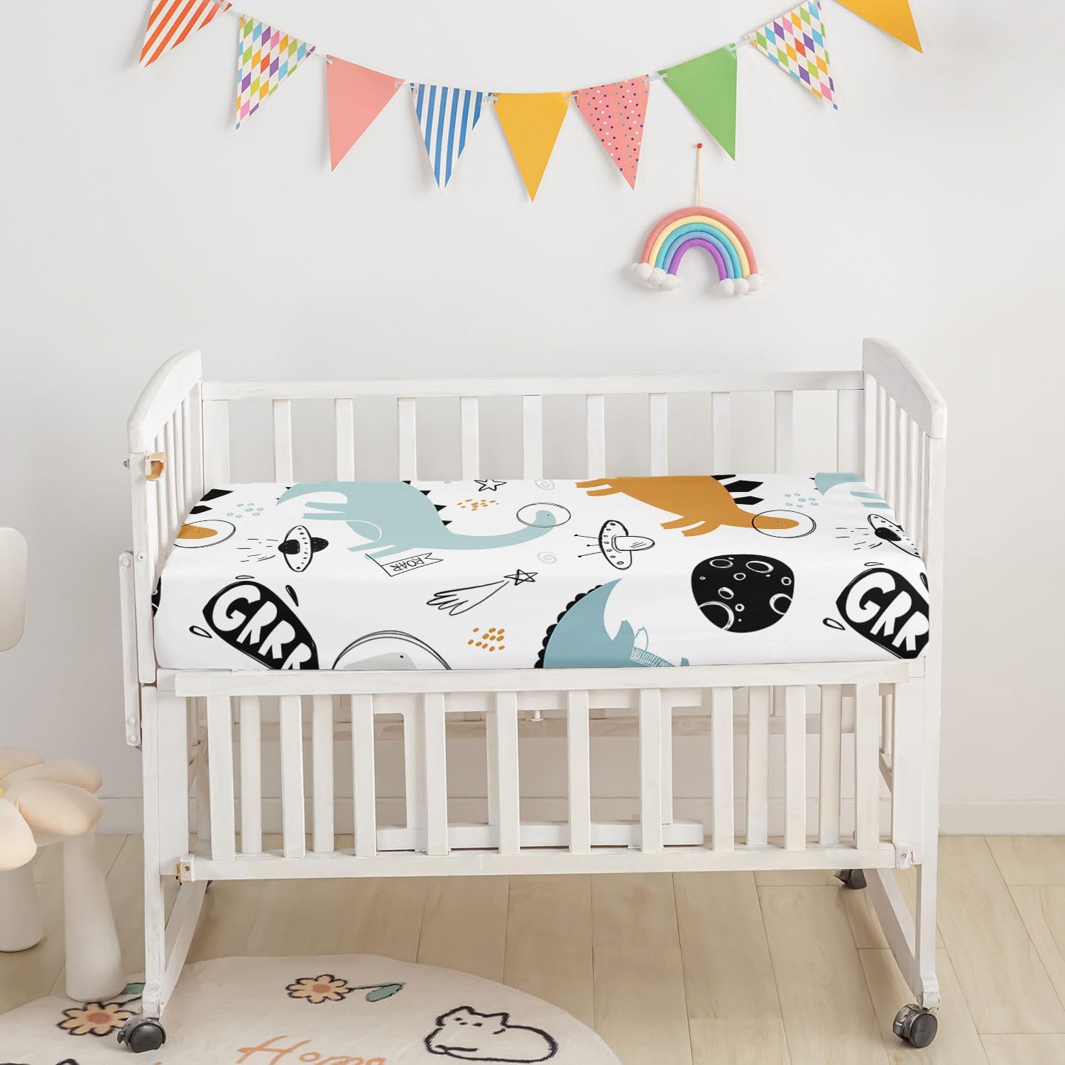 Crib Bedding Set,3pcs Nursery Cartoon Dinosaur Outer Space Printed Crib Bedding Set,with Comforter Sheet & Skirt for Baby Boys and Girls(Dinosaur-3)