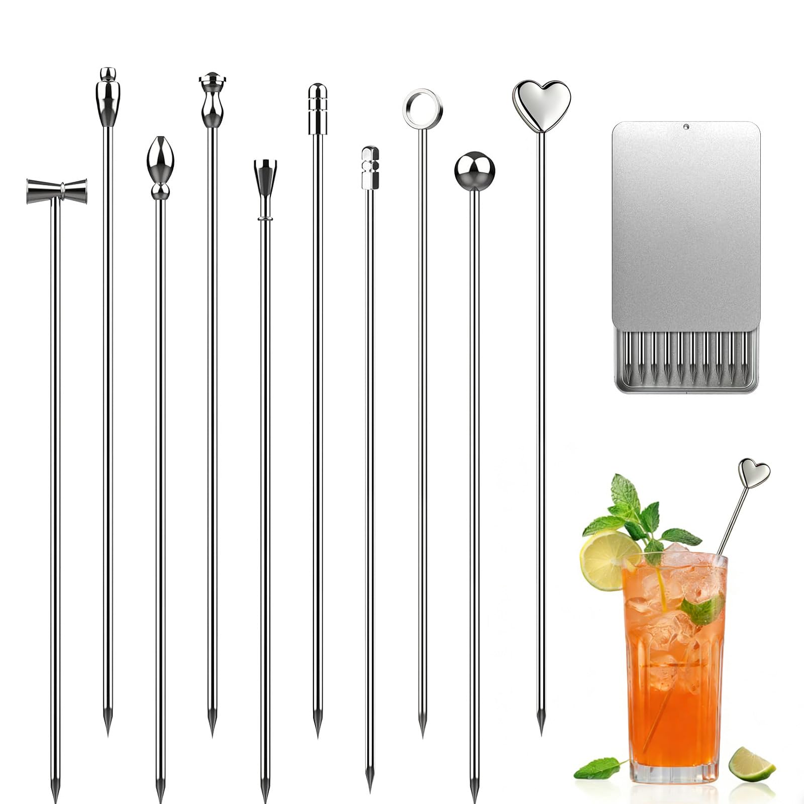 Bamyli 10 Pcs 304 Stainless Steel Cocktail Sticks with Storage Box