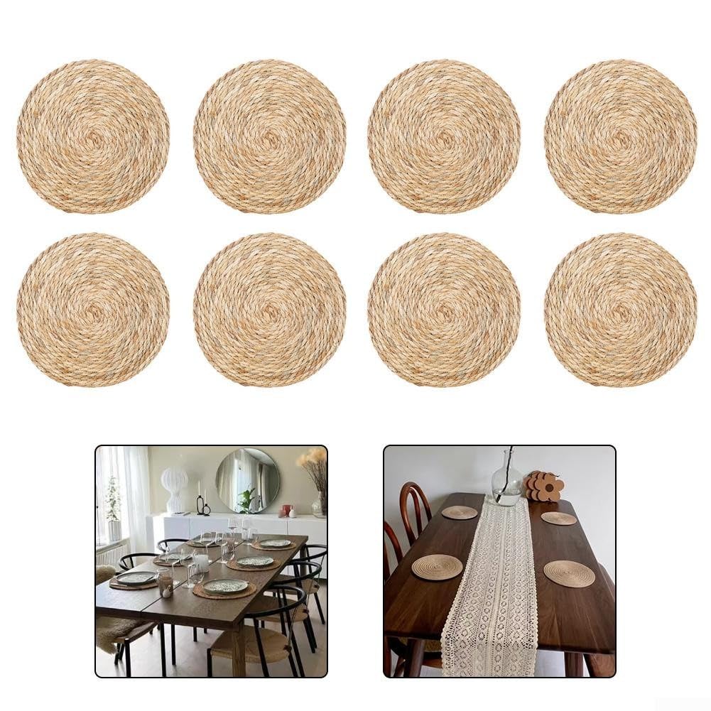 Tovagliette rotonde in paglia intrecciata, isolamento termico, decorazione per la tavola della fattoria bohémien, 33 cm e 35 cm, per sala da pranzo, feste di nozze, uso esterno, confezione
