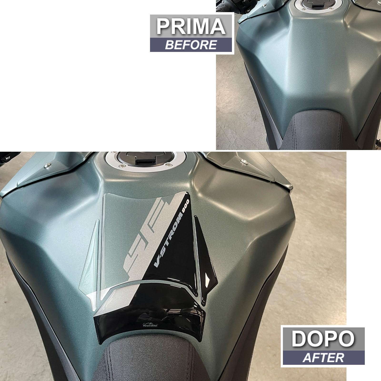 Resin Bike Autocollant Moto Compatibles avec Suzuki V-Strom 800 SE 2023-2024. Protection de Réservoir Moto Contre Les Chocs et Les Éraflures. Autocollant 3D Résinés Made in Italy