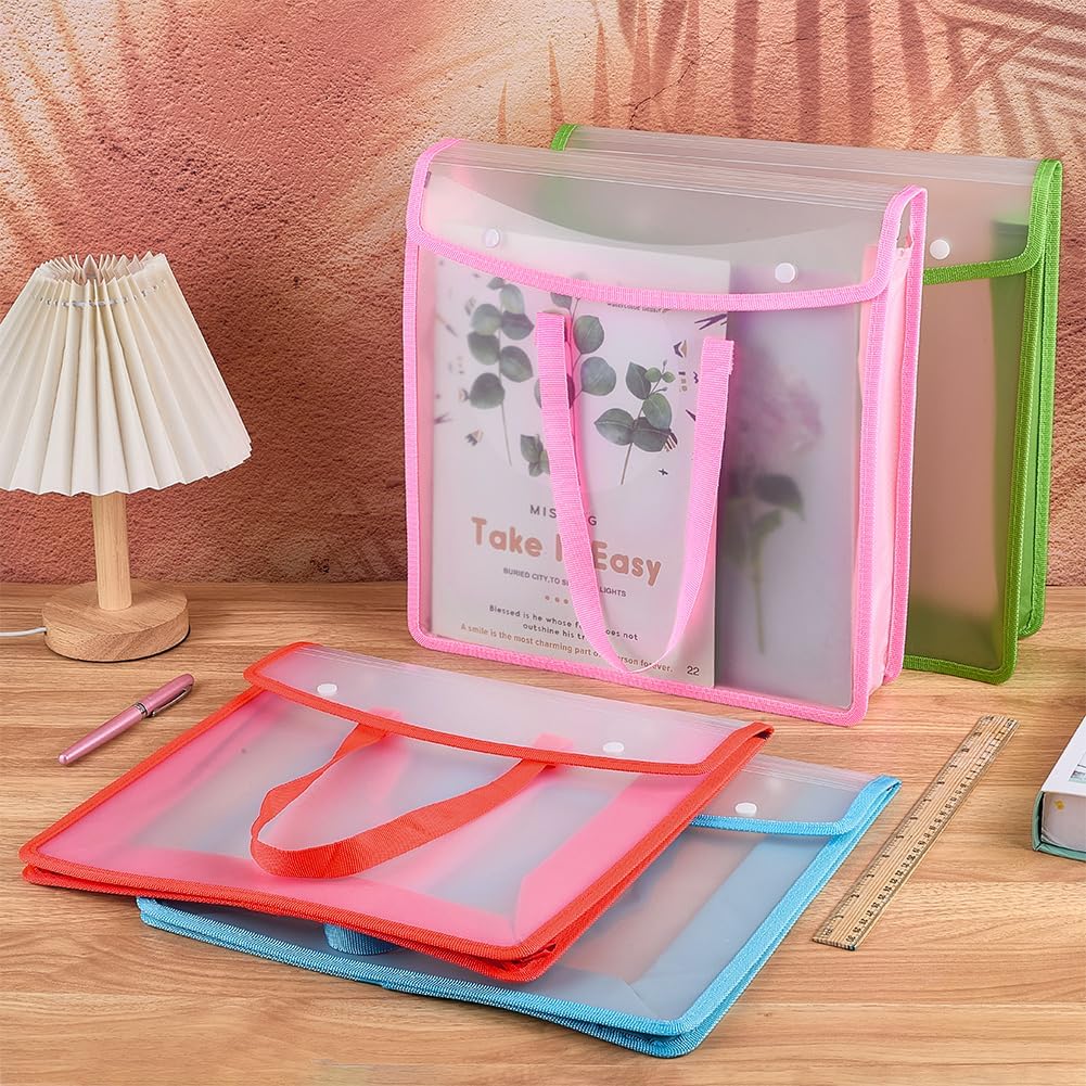FINGERINSPIRE 4 Pcs Scrapbook Paper Storage Organizer with Polyester Handles 13x3.2x13.6 Inch 4 Colors Translucent Plastic Scrapbook Organizer Document Storage Bag for Crafts Photos Files