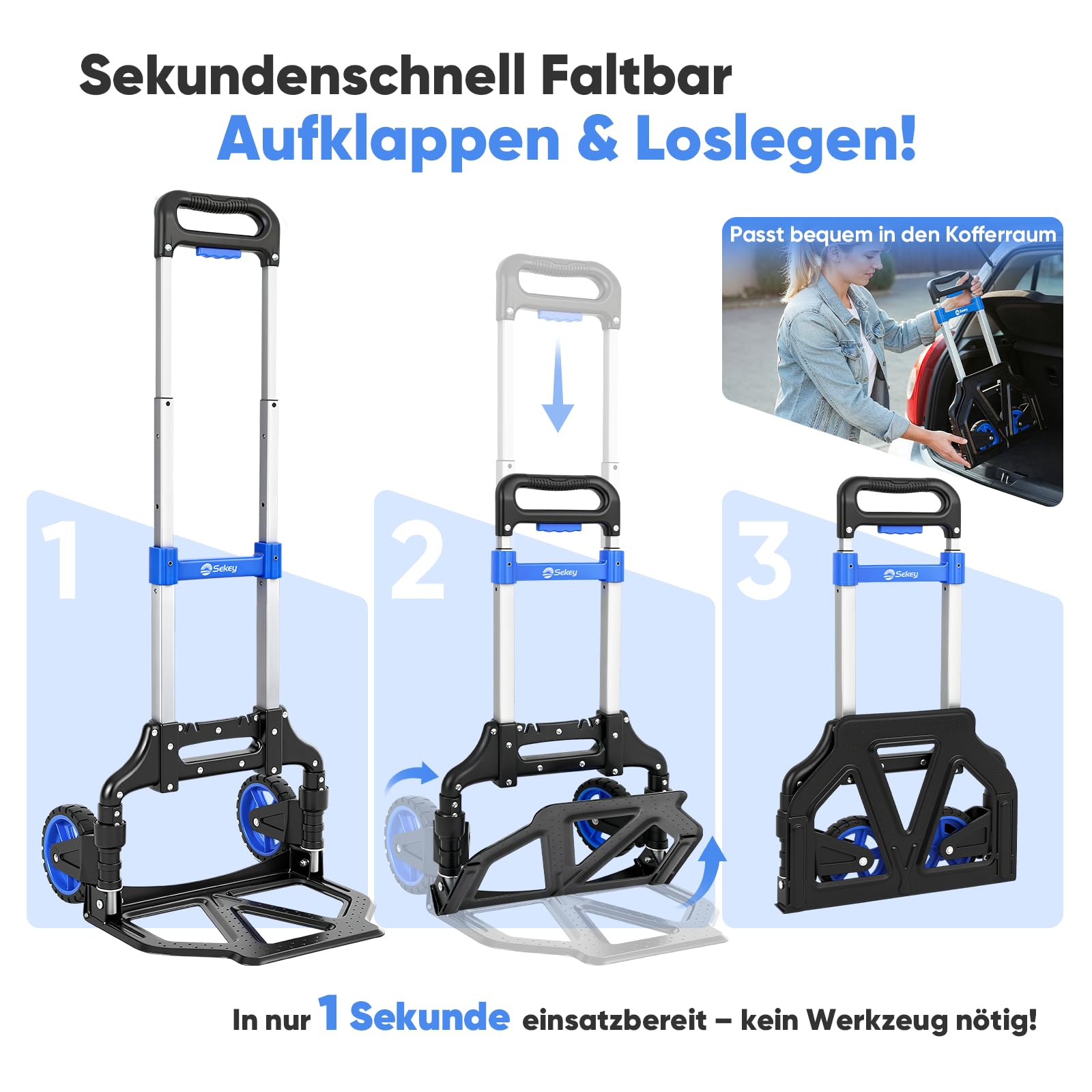 Sekey Alu Sackkarre Klappbar & Leichte Transportkarre 80 kg Tragkraft, 3-Stufig Höhenverstellbar & In Sekunden Faltbar, Klappkarre mit TPR-Rädern & Ergonomischem Griff