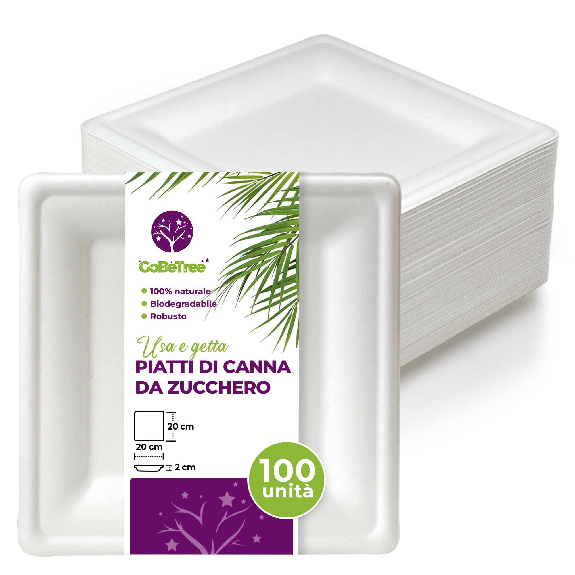 GoBeTree 100 piatti quadrate in canna da zucchero 20 cm bianchi. piatti di carta monouso extra resistenti, per campeggio, picnic, feste, barbecue, compleanni