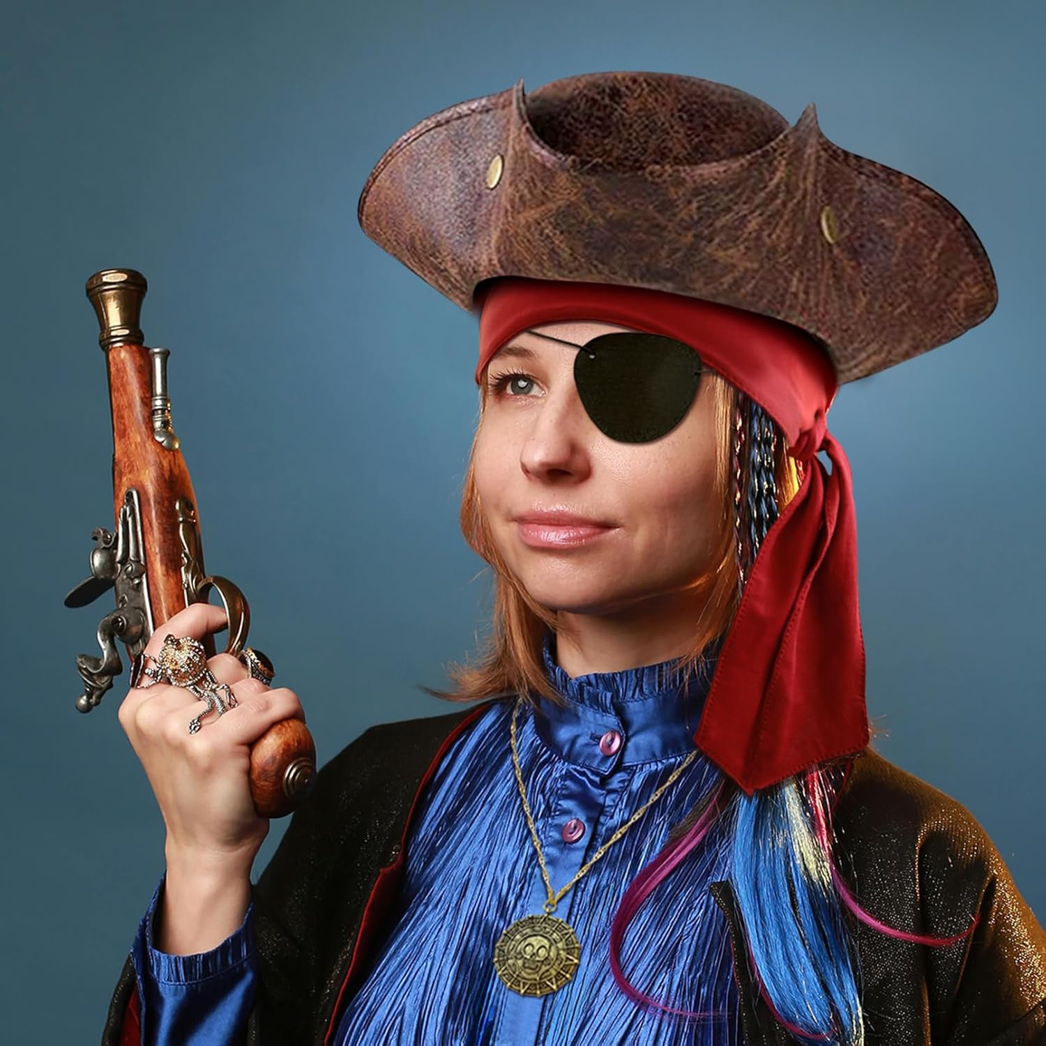 Tricorn Pirate Hat Halloween Costume Accessories for Men Women Faux Leather Pirate Hat Viking Jewelry Cosplay - Image 6