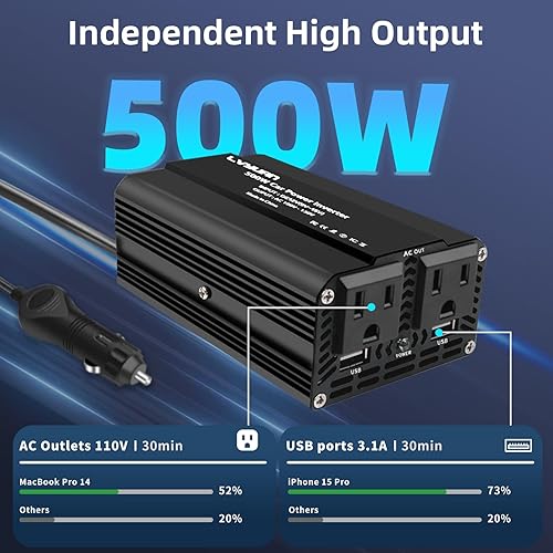 Miniatura 2 de LVYUAN - Inversor de corriente para automóvil de 500 W, adaptador de salida de automóvil, inversor de corriente USB dual para vehículos DC 12 V a