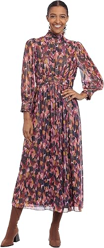 Donna Morgan Women's Long Sleeve Mock Neck Maxi Dress, Soft White/Raspberry, 10