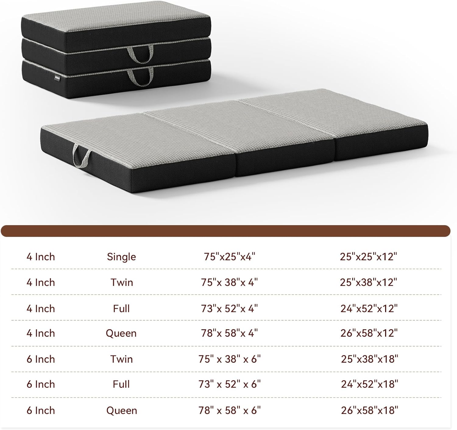 Memory Foam Trifold Mattress, Twin Portable Floor Bed 6 Inch, Foldable Mat with Washable Cover, Handle & Non-Slip Bottom, for RV, Travel, Camping, Yoga, 75"x38"x6", Grey