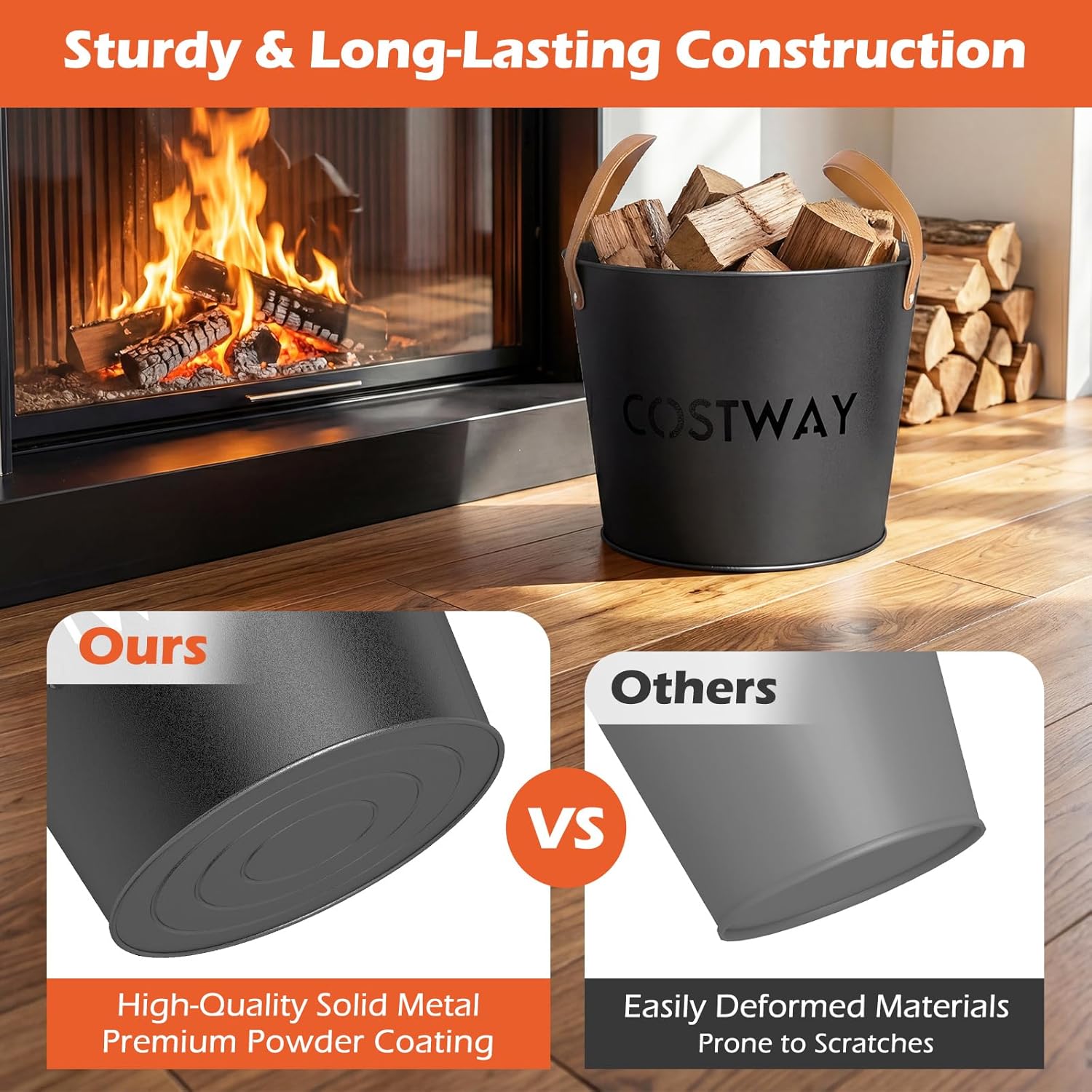 Tangkula Firewood Bucket Set of 2, Metal Pellets Containers with Reinforced Genuine Leather Handles, Portable Log Carriers, Indoor Fireplace Storage Organizers for Coals, Fire Glasses and Wood Chunks