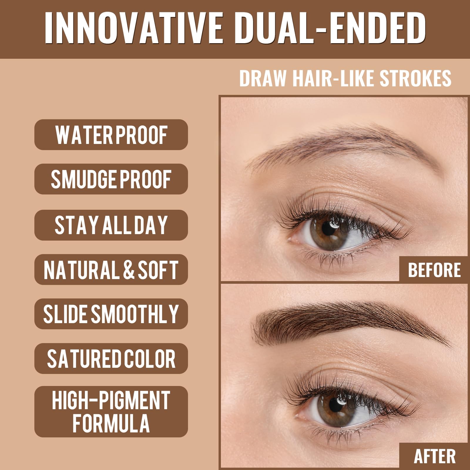 iMethod Kredka do brwi – kredka do brwi, 2 w 1, eyeliner z dwustronnym pędzelkiem do brwi Microblading 4D, do brwi podobnych do włosów, ze szczotką do brwi, kolor brązowy