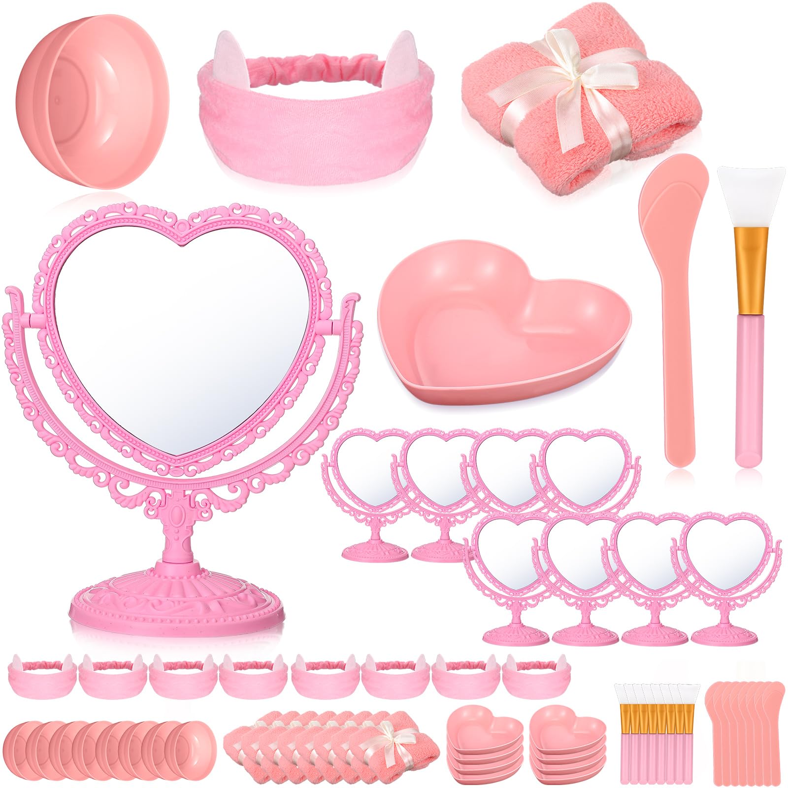 DoubleFill 8 Set Spa Party Supplies 8 Heart Shaped Mirrors 8 Silicone Face Mask Brushes 8 Face Mask Mixing Bowl 8 Headband 8 Spa Facial Towel 8 Heart