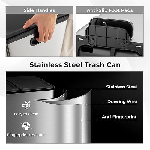 Miniatura 6 de Goplus Cubo de basura de acero inoxidable de 16 galones (2 x 30 L), cubo de basura para cocina con cubos interiores extraíbles duales, cierre suave