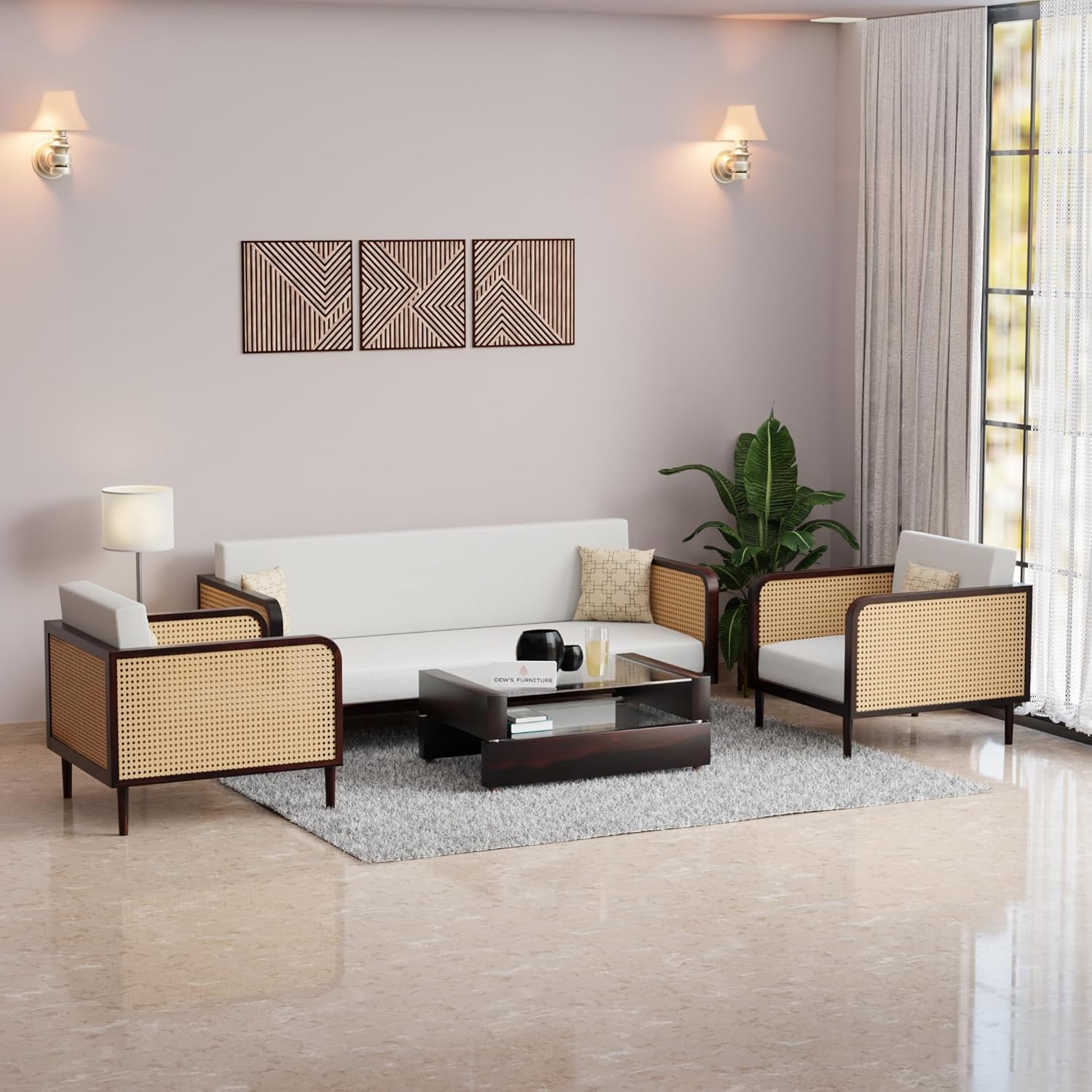 OCTANGLE Solid Sheesham Wood 5 Seater Sofa Set for Living Room - Rattan Sofa Set 5 Seater (3 + 1 + 1) - 5 to 6 Person Sofa - Wooden Cane Furniture (Walnut Finish)-image-10