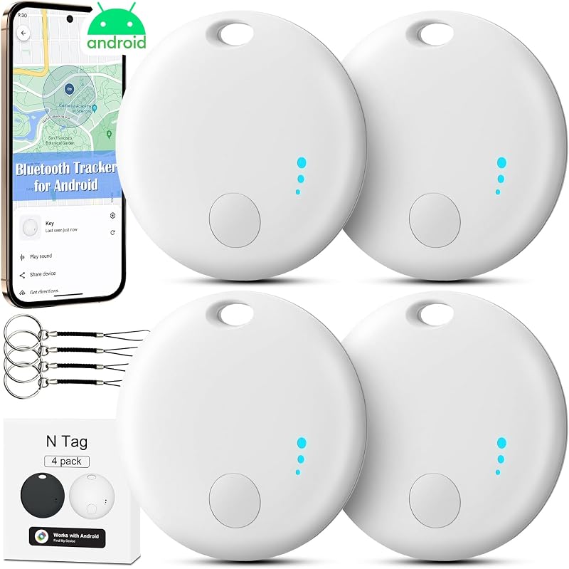 Bluetooth Tracker for Android, 4 Pack Item Finder Work with Google Find My Device App, Keys Finder and Item Locator for Keys Wallet Bags ONLY Android, Smart Tracking Tag for Luggage, Backpack