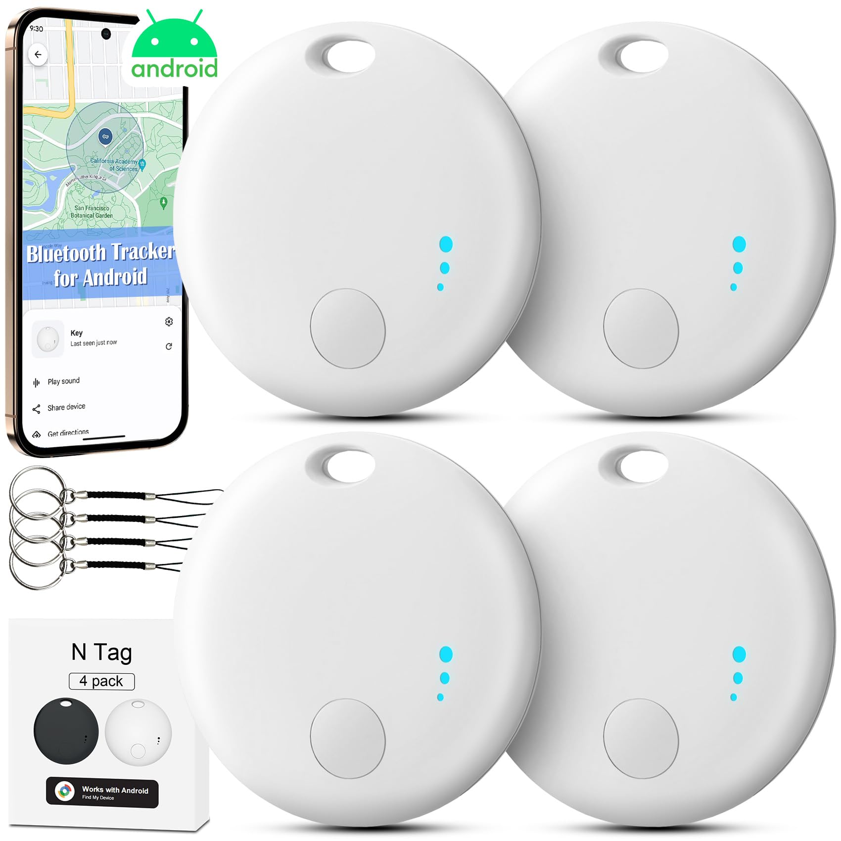 Rastreador Bluetooth para Android, paquete de 4 buscadores de artículos funciona con la aplicación Google Find My Device, buscador de llaves y localizador de artículos para llaves, cartera, bolsas