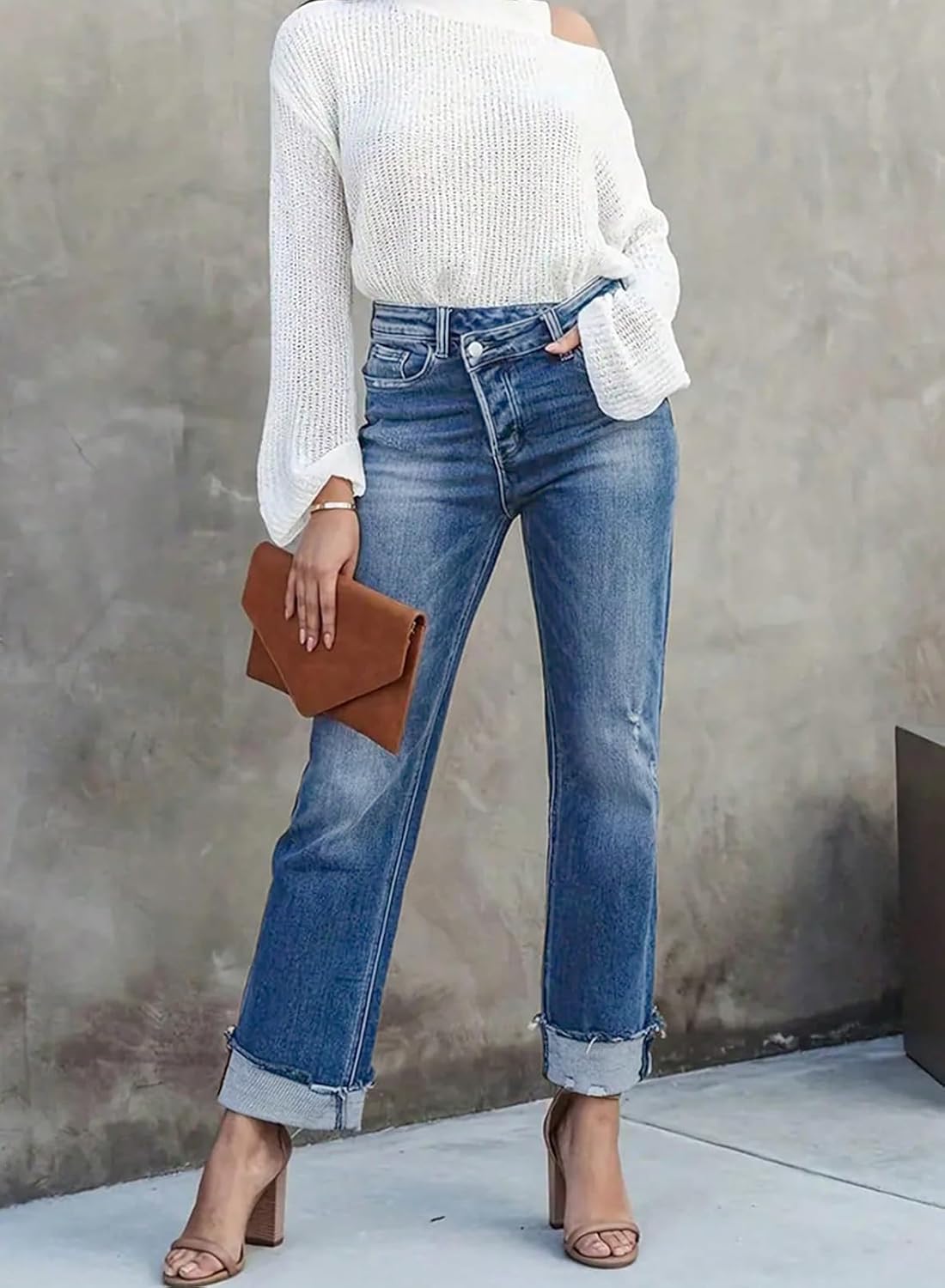 SHEWIN Women's Jeans Straight Leg High Waisted Corssover Boyfriend Jeans Distressed Cuffed Raw Hem Ankle Denim Pants image 5