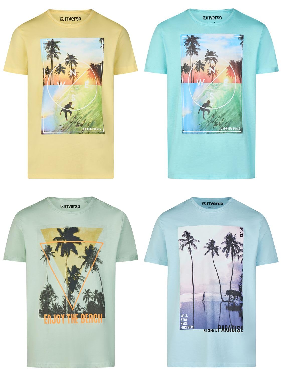 riverso RIVLukas Lot de 4 t-Shirts pour Homme Impression Photo Col Rond Manches Courtes T-Shirt Regular Coton, Mélange de 6 Couleurs, XXXL