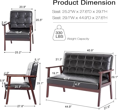 Miniatura 36 de Okeysen Silla decorativa moderna de mediados de siglo, silla auxiliar retro de madera y cuero, cómoda silla de lectura para sala de estar, Negro