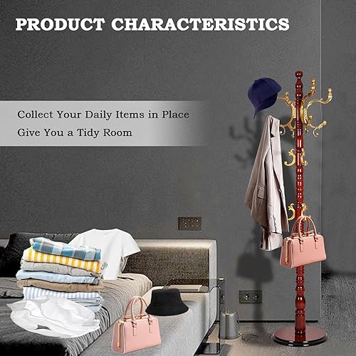 Miniatura 3 de Percheros de pie con 14 ganchos, perchero de madera natural con base redonda sólida, percheros de altura ajustable, fácil montaje para pasillo,