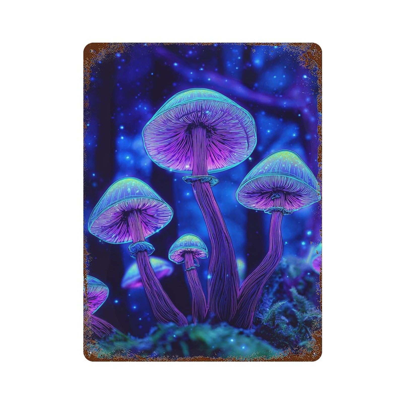 Rust Effect Glowing Forest Mushrooms Rustic Tin Plaque 15.7"x11.8", Industrial Home Decor for Bistro, Counter And Cafe Decor