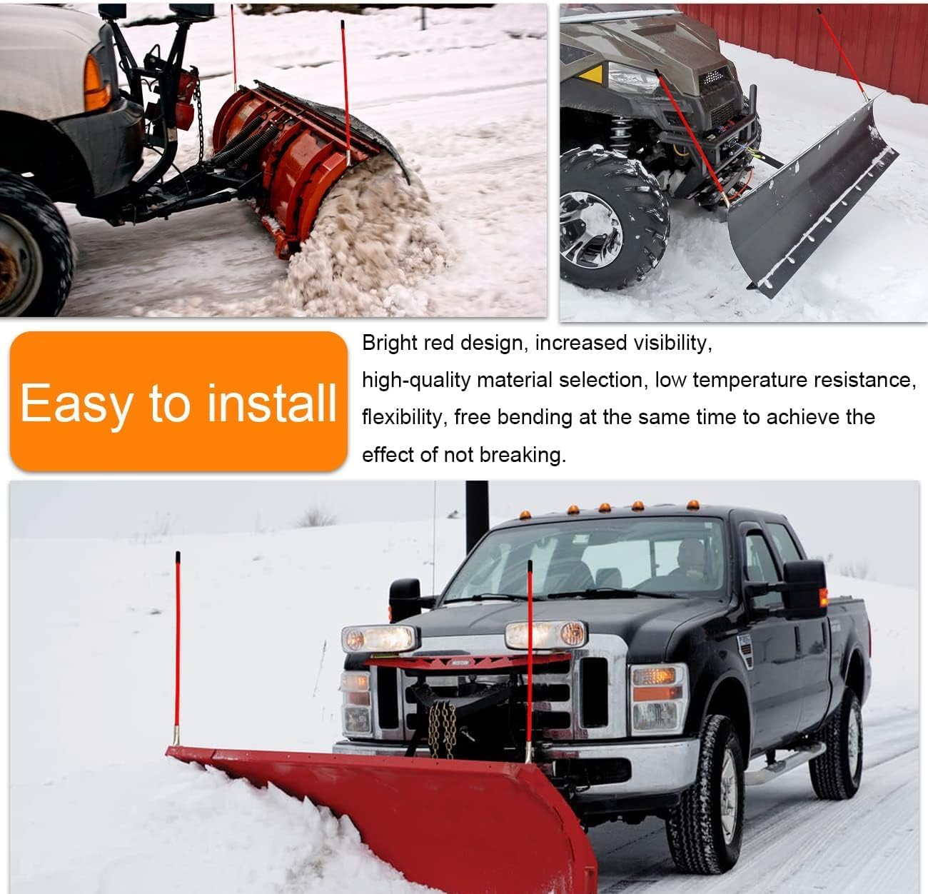 2 Sets 27" Red Snow Plow Blade Markers Guides Internal All Steel Wire Never Breaks 304L Stainless Steel Joint High Visibility Easy Installation for Blizzard Boss SNO-Way Western Snowplows
