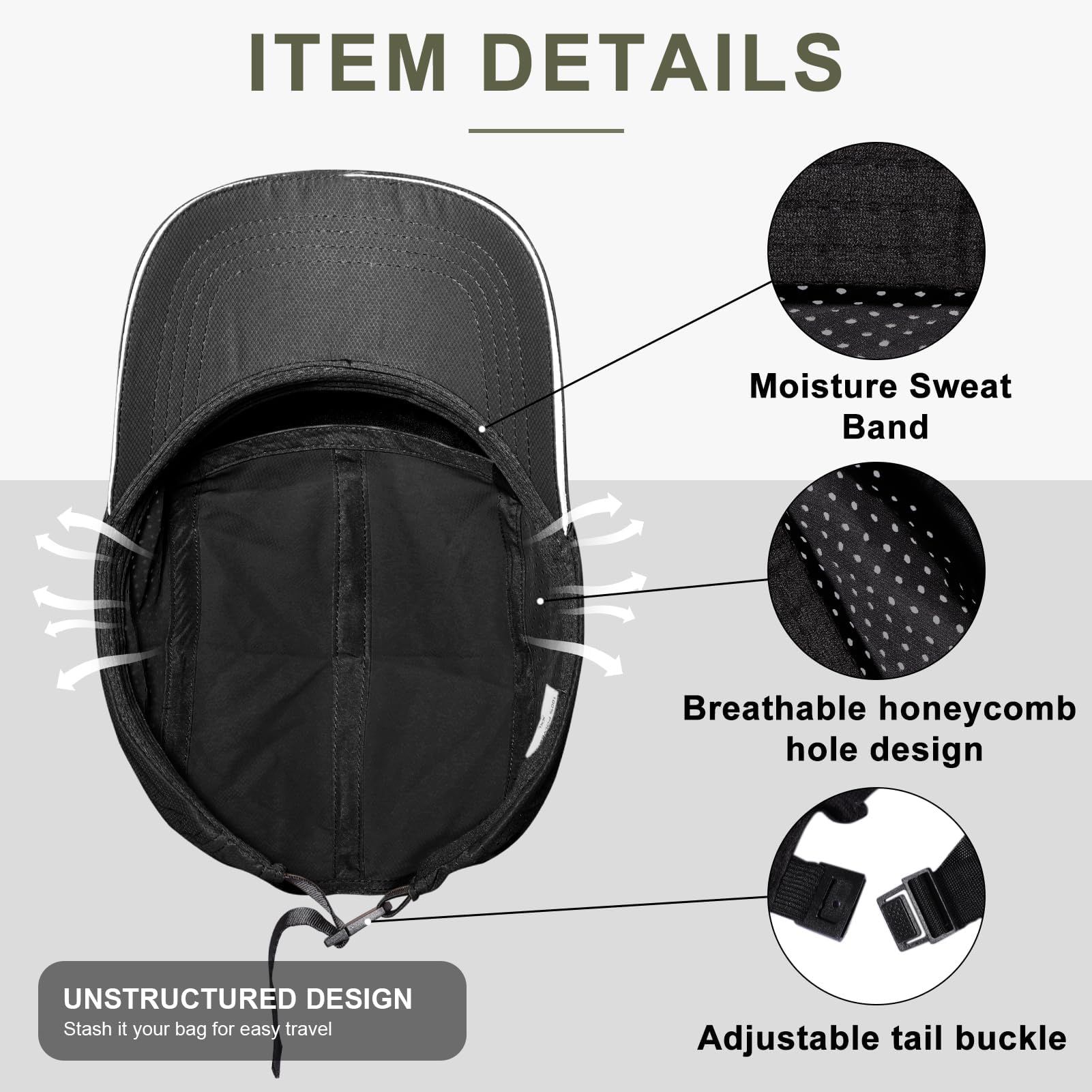 Oversize XXL - Gorra de béisbol de secado rápido para hombre, de malla transpirable, ligera, para cabeza grande, Negro - 7