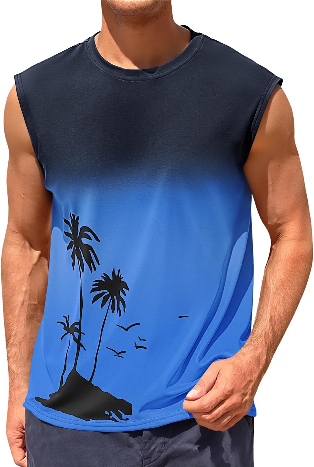 Mens Graphic Tank Tops Sleeveless Palm Tree Gradient Tee Shirt
