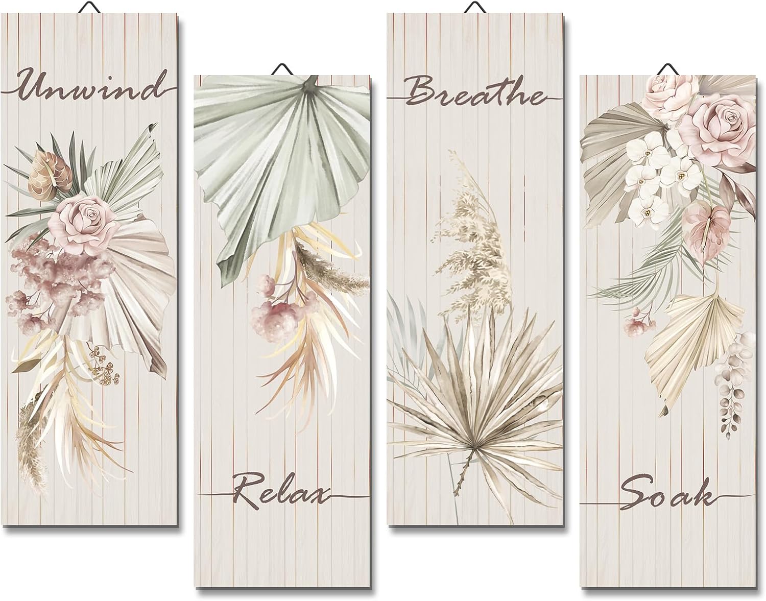 decalmile 4 Pieces Palm Leaves Wooden Wall Art Flowers Plants Wood Wall