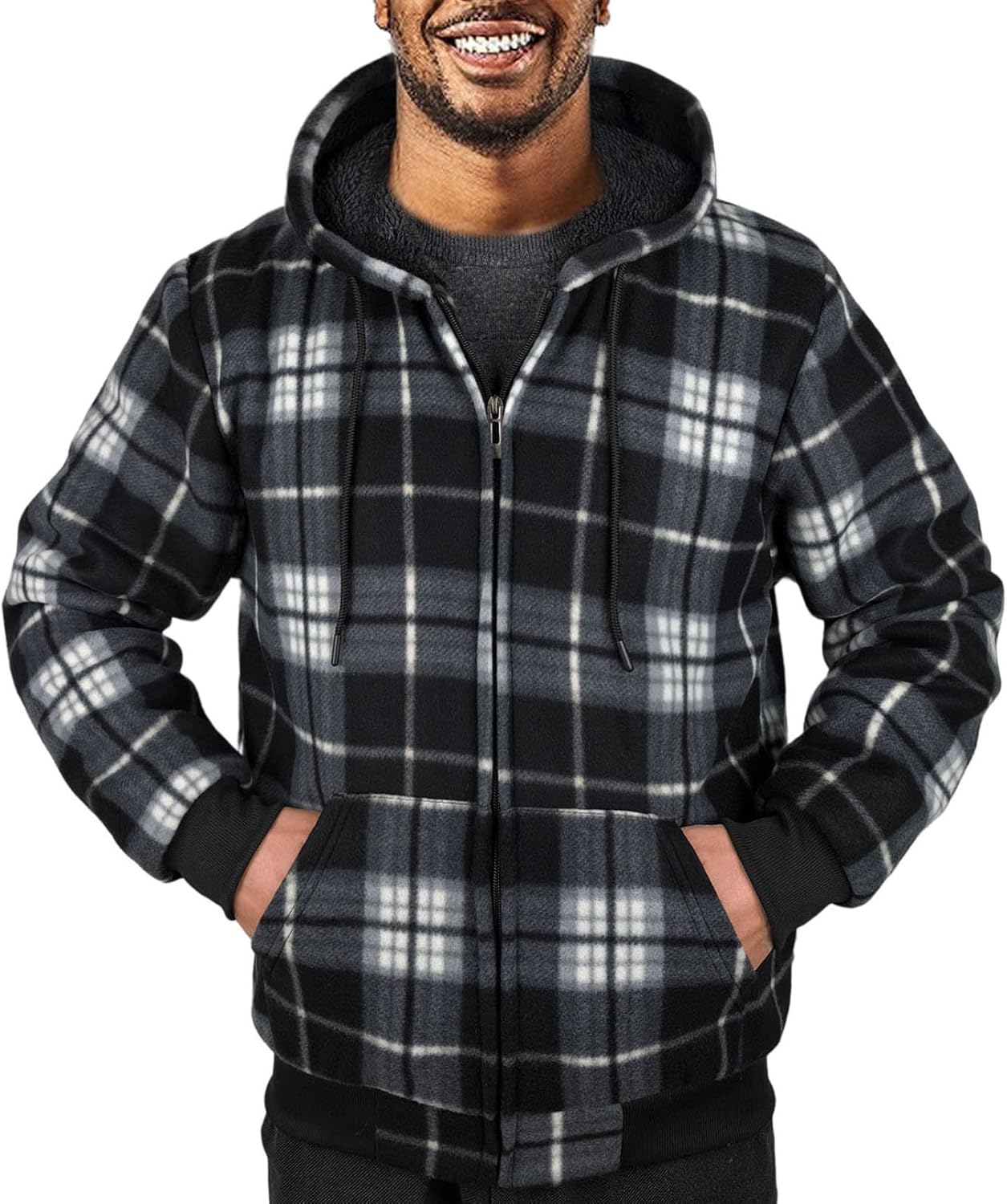 Heavyweight Hoodies for Men Zip Up Sweatshirts Plaid Flannel Sherpa Fleece Lined Winter Jacket Warm Coat - Image 2